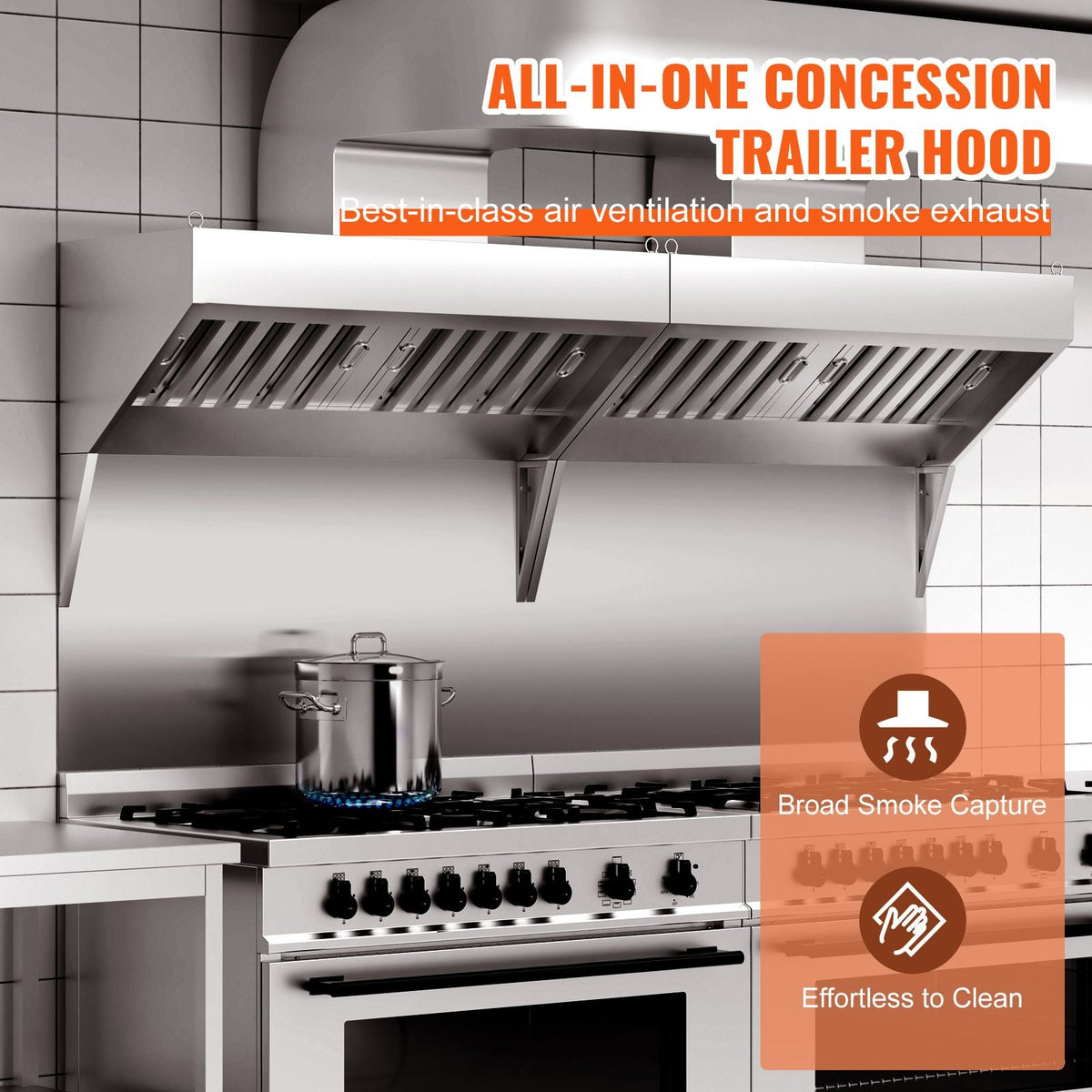 Commercial Exhaust Hood, 9FT Food Truck Hood Exhaust, 201 Stainless Steel Concession Trailer Hood with 4 Detachable U-shaped Grid Oil Filter Mesh, Rust Resistant Vent Hood for Kitchen Restaurant