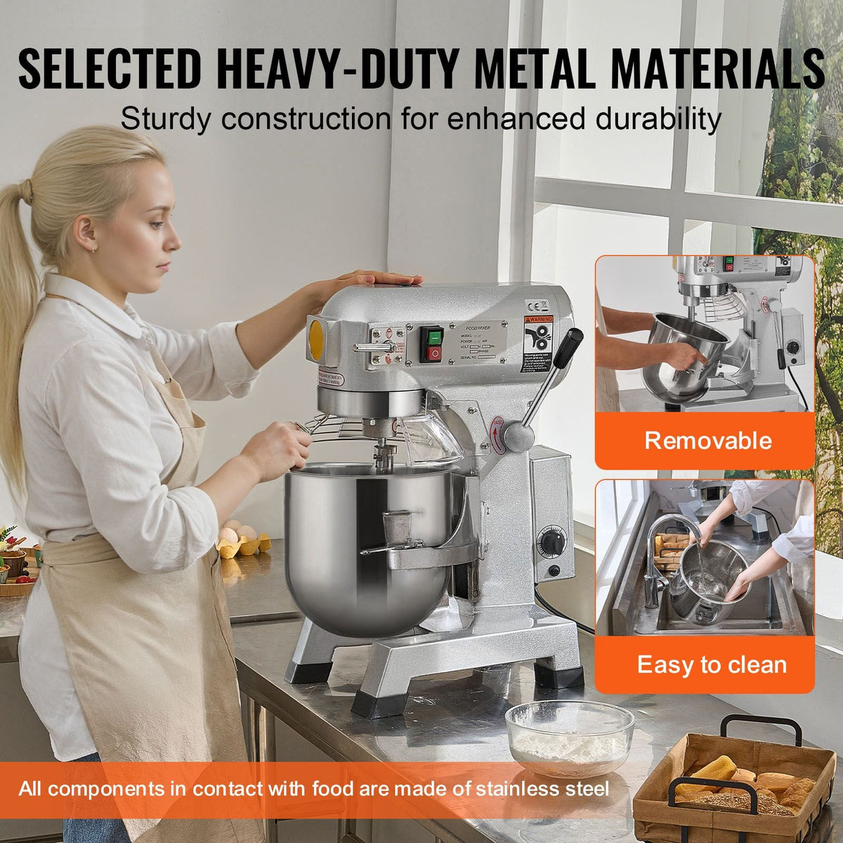 Commercial Food Mixer, 28.5L Commercial Stand Mixer with 3 Adjustable Speeds, 1100W Dough Mixer with Stainless Steel Bowl and 3 Mixing Attachments, Ideal for Restaurant, Bakery, Pastry shop, Caf