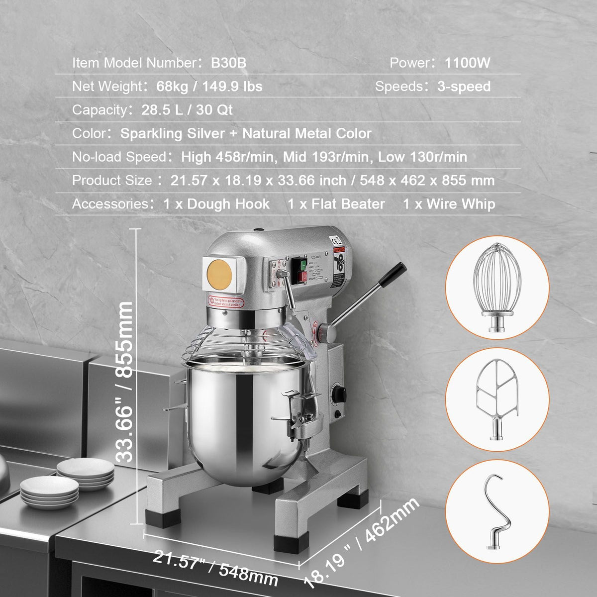 Commercial Food Mixer, 28.5L Commercial Stand Mixer with 3 Adjustable Speeds, 1100W Dough Mixer with Stainless Steel Bowl and 3 Mixing Attachments, Ideal for Restaurant, Bakery, Pastry shop, Caf