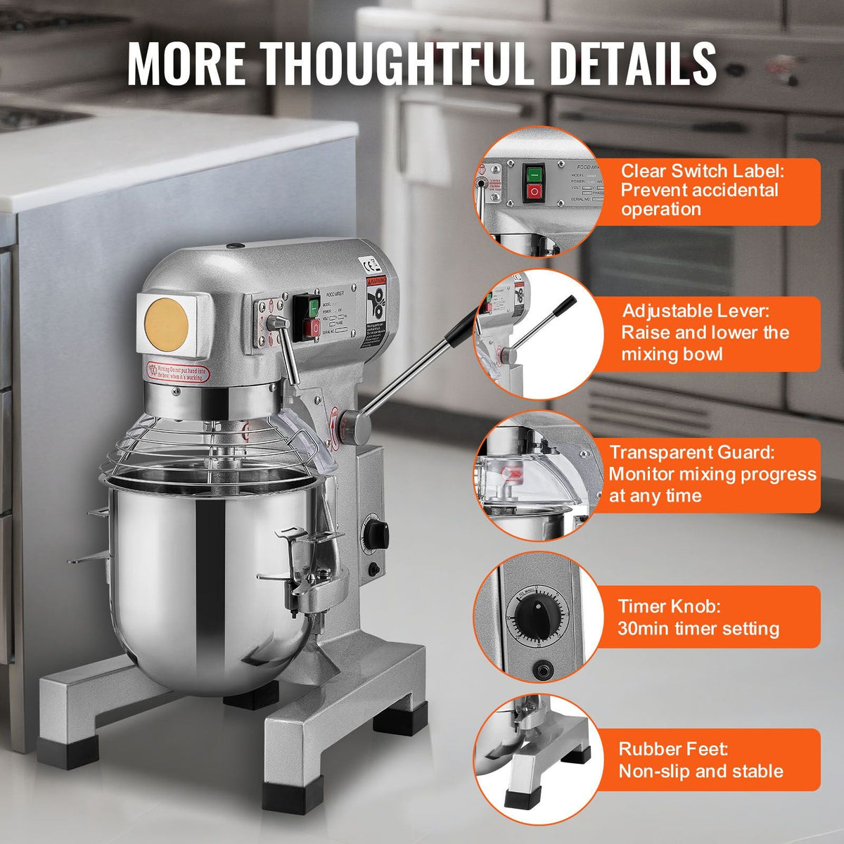 Commercial Food Mixer, 28.5L Commercial Stand Mixer with 3 Adjustable Speeds, 1100W Dough Mixer with Stainless Steel Bowl and 3 Mixing Attachments, Ideal for Restaurant, Bakery, Pastry shop, Caf