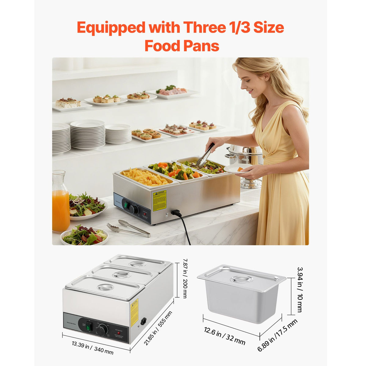 Commercial Food Warmer, 1200W Electric Stainless Steel Steam Food Warmer, Fast Heating Countertop Buffet Bain Marie with Three 1/3 Size Food Pans, for Catering, Restaurants, Parties & Buffets