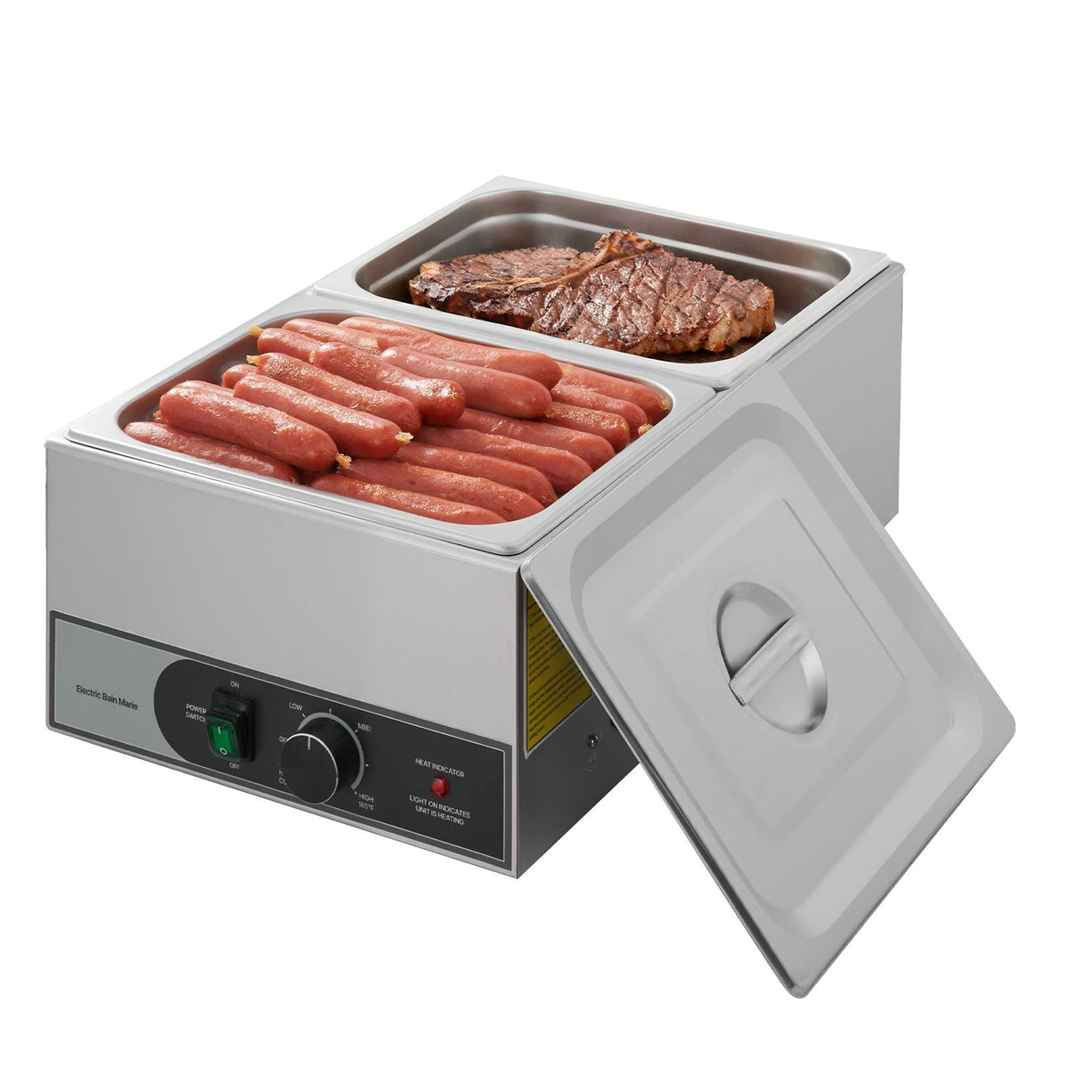 Commercial Food Warmer, 1200W Electric Stainless Steel Steam Food Warmer, Fast Heating Countertop Buffet Bain Marie with Two 1/2 Size Food Pans, for Catering, Restaurants, Parties & Buffets