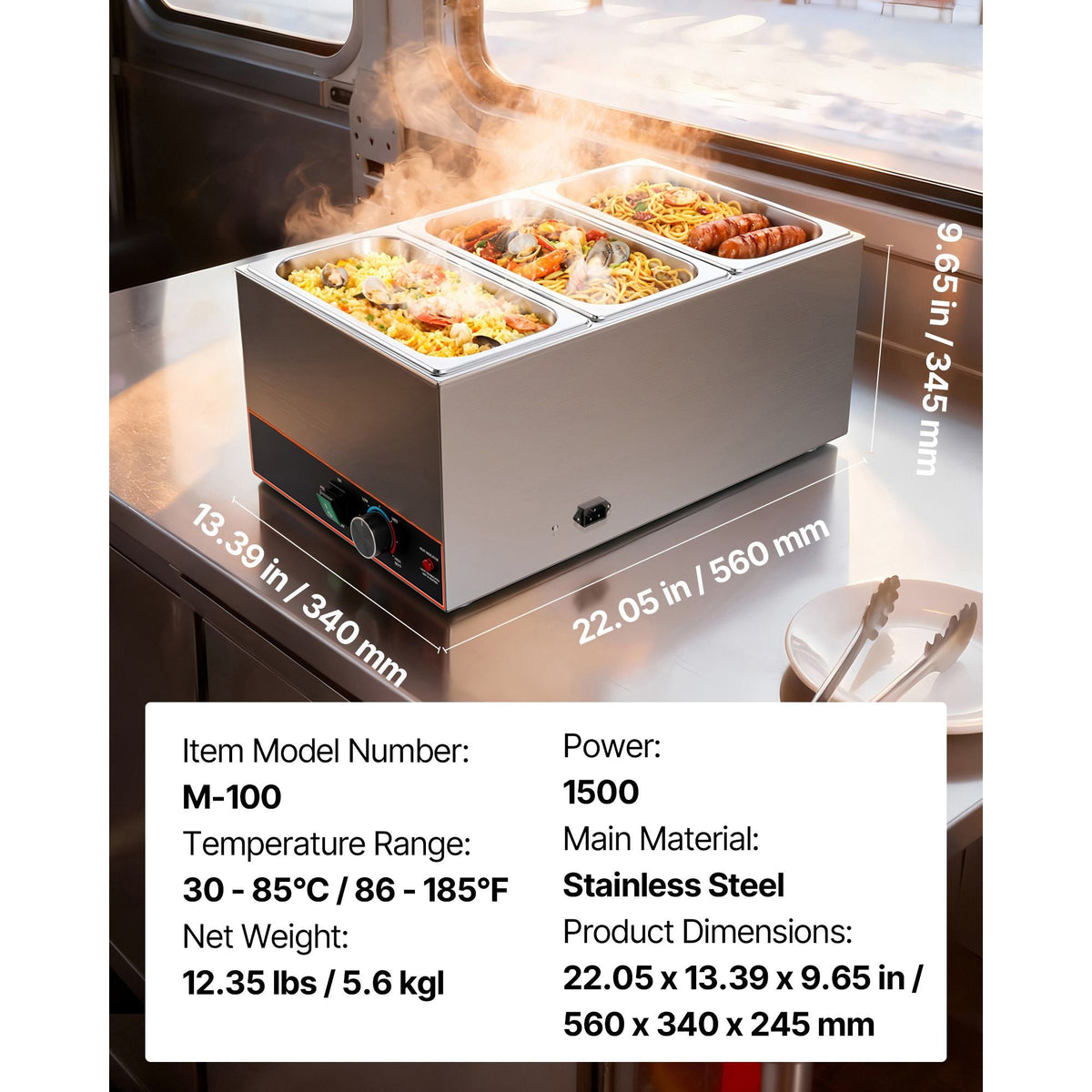 Commercial Food Warmer, 1500W Electric Stainless Steel Steam Food Warmer, Fast Heating Countertop Buffet Bain Marie with Power Cord & Divider Strip, for Catering, Restaurants, Parties, Buffets