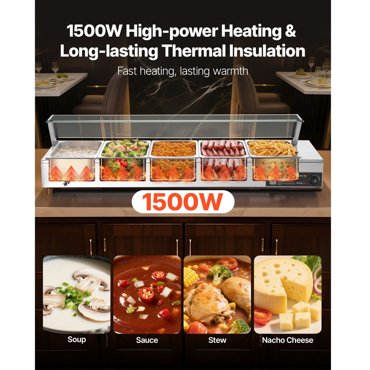 Commercial Food Warmer, 1500W Electric Stainless Steel Steam Food Warmer with Glass Cover, Countertop Buffet Bain Marie with Five 1/2 Size Food Pans, for Catering, Restaurant, Party & Buffets