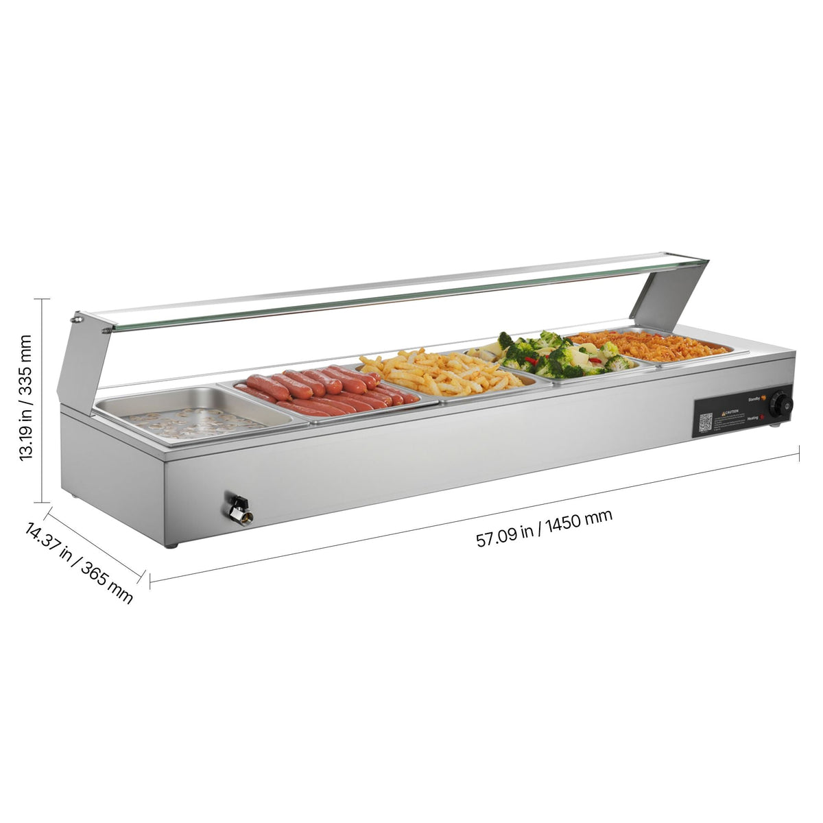 Commercial Food Warmer, 1500W Electric Stainless Steel Steam Food Warmer with Glass Cover, Countertop Buffet Bain Marie with Five 1/2 Size Food Pans, for Catering, Restaurant, Party & Buffets
