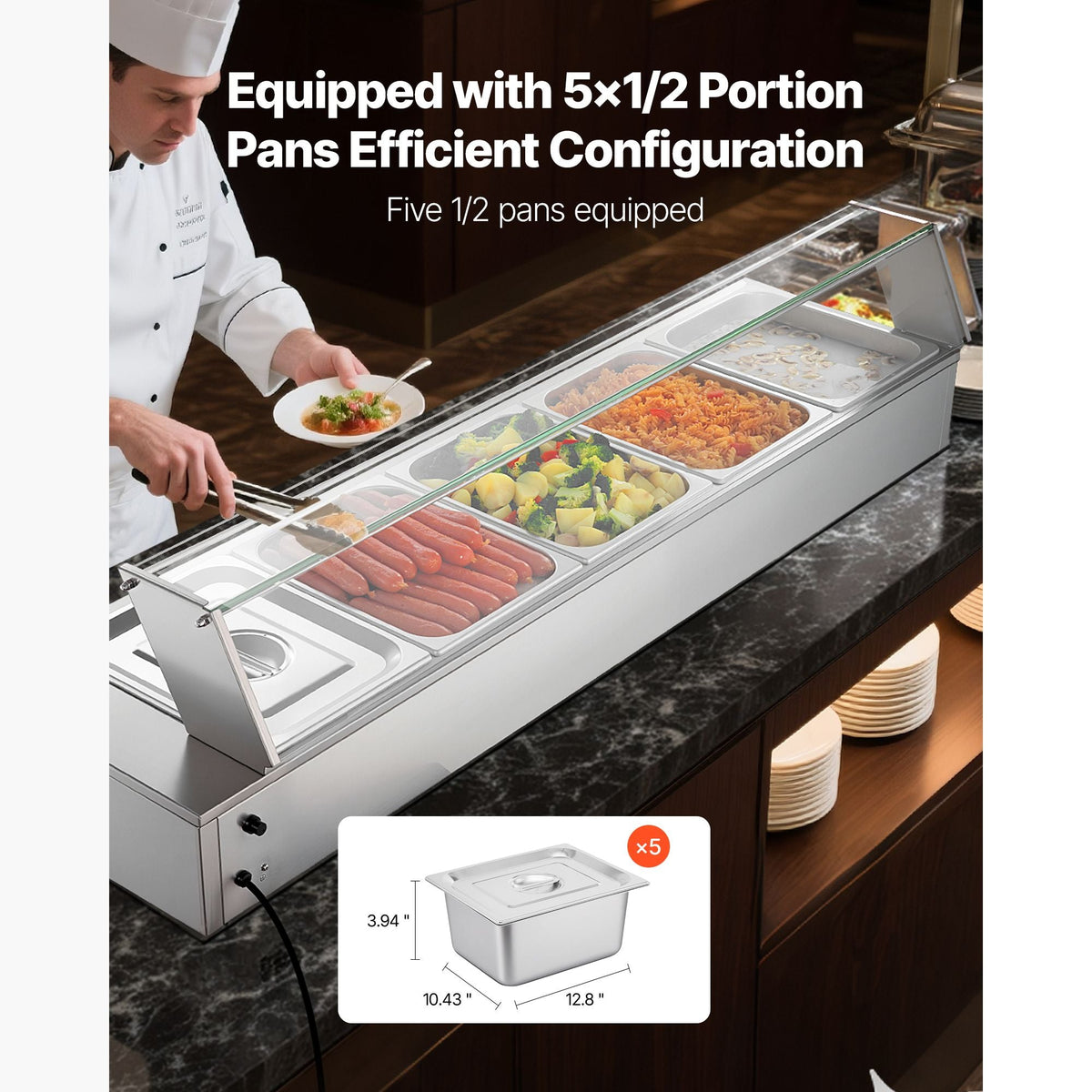 Commercial Food Warmer, 1500W Electric Stainless Steel Steam Food Warmer with Glass Cover, Countertop Buffet Bain Marie with Five 1/2 Size Food Pans, for Catering, Restaurant, Party & Buffets
