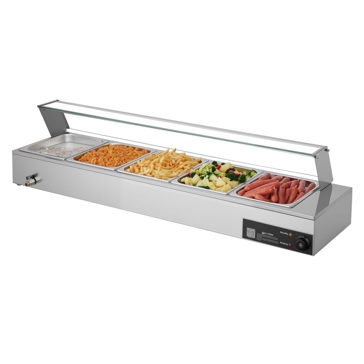 Commercial Food Warmer, 1500W Electric Stainless Steel Steam Food Warmer with Glass Cover, Countertop Buffet Bain Marie with Five 1/2 Size Food Pans, for Catering, Restaurant, Party & Buffets