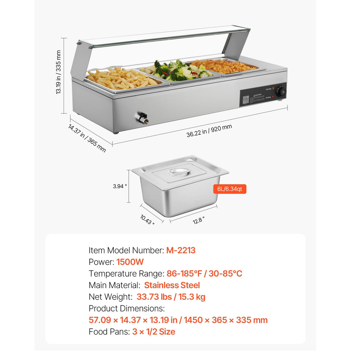 Commercial Food Warmer, 1500W Electric Stainless Steel Steam Food Warmer with Glass Cover, Countertop Buffet Bain Marie with Three 1/2 Size Food Pans, for Catering, Restaurant, Party & Buffets