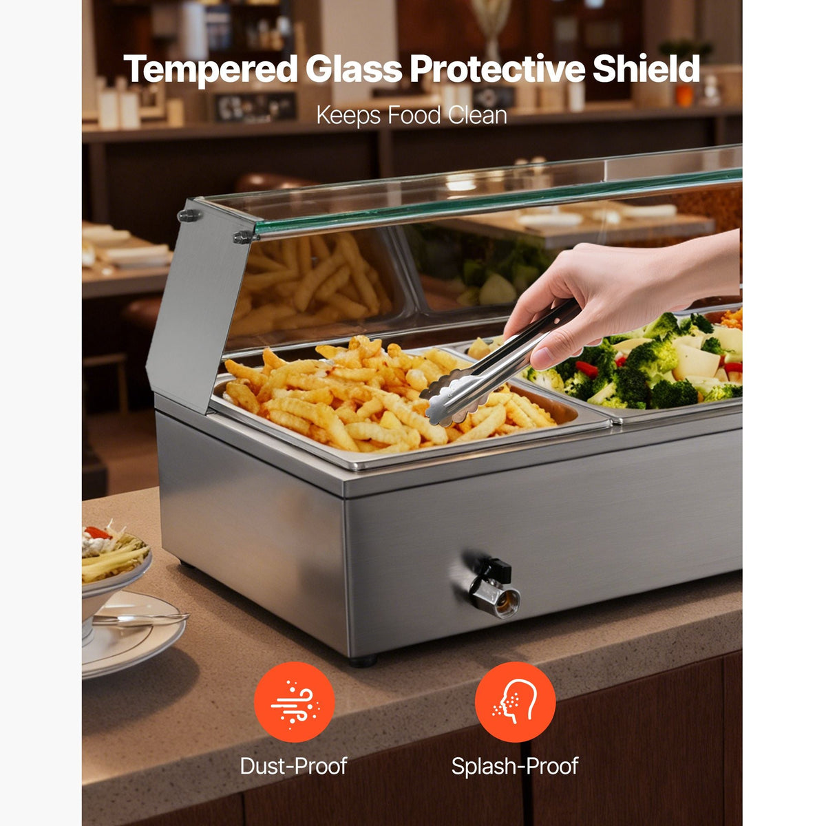 Commercial Food Warmer, 1500W Electric Stainless Steel Steam Food Warmer with Glass Cover, Countertop Buffet Bain Marie with Three 1/2 Size Food Pans, for Catering, Restaurant, Party & Buffets