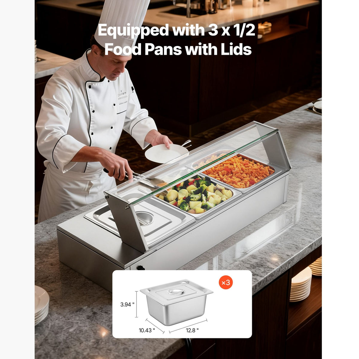 Commercial Food Warmer, 1500W Electric Stainless Steel Steam Food Warmer with Glass Cover, Countertop Buffet Bain Marie with Three 1/2 Size Food Pans, for Catering, Restaurant, Party & Buffets