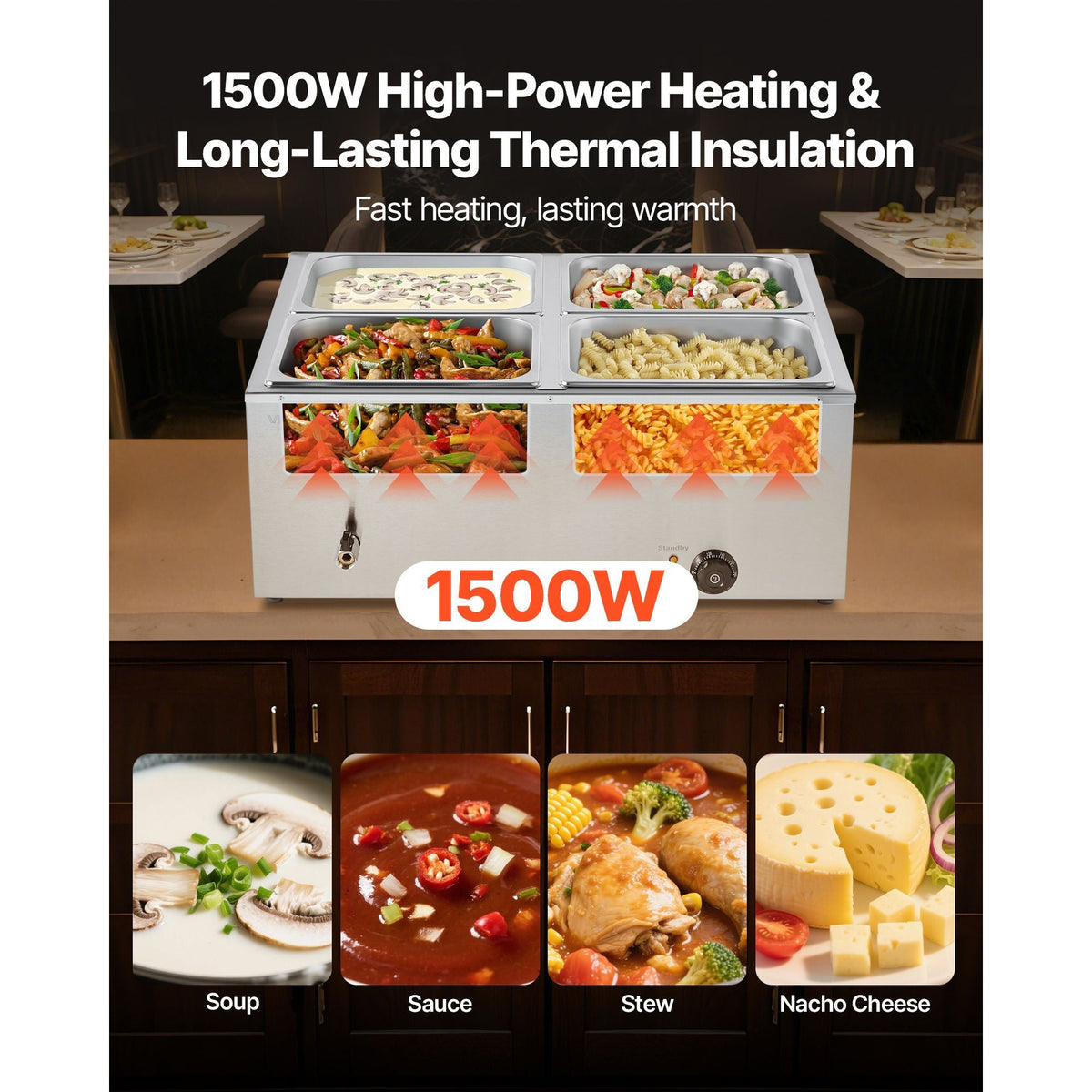 Commercial Food Warmer, 1500W Electric Stainless Steel Steam Food Warmer with Lid, 4-Pan Fast Heating Countertop Buffet Bain Marie with Soup & Perforated Ladles, for Catering, Restaurant, Party