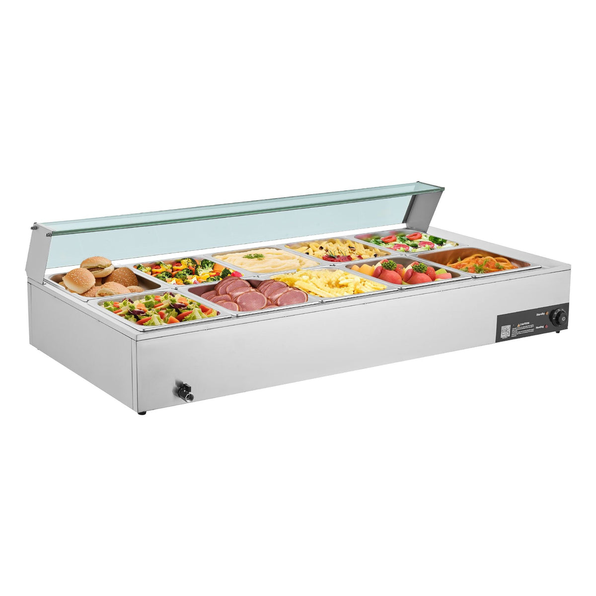 Commercial Food Warmer, 1700W Electric Stainless Steel Steam Food Warmer with Glass Cover, 10-Pan Countertop Buffet Bain Marie with Soup & Perforated Ladles, for Catering, Restaurant & Party