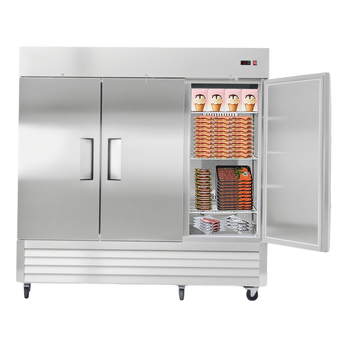 Commercial Freezer, 32.2 in Width Reach In Upright-Freezer Three Door, 66.9 Cu.ft Auto-Defrost Freezer with 12 Adjustable Shelves, -11 to 14 Fahrenheit Temp Control, LED Light, 4 Wheels
