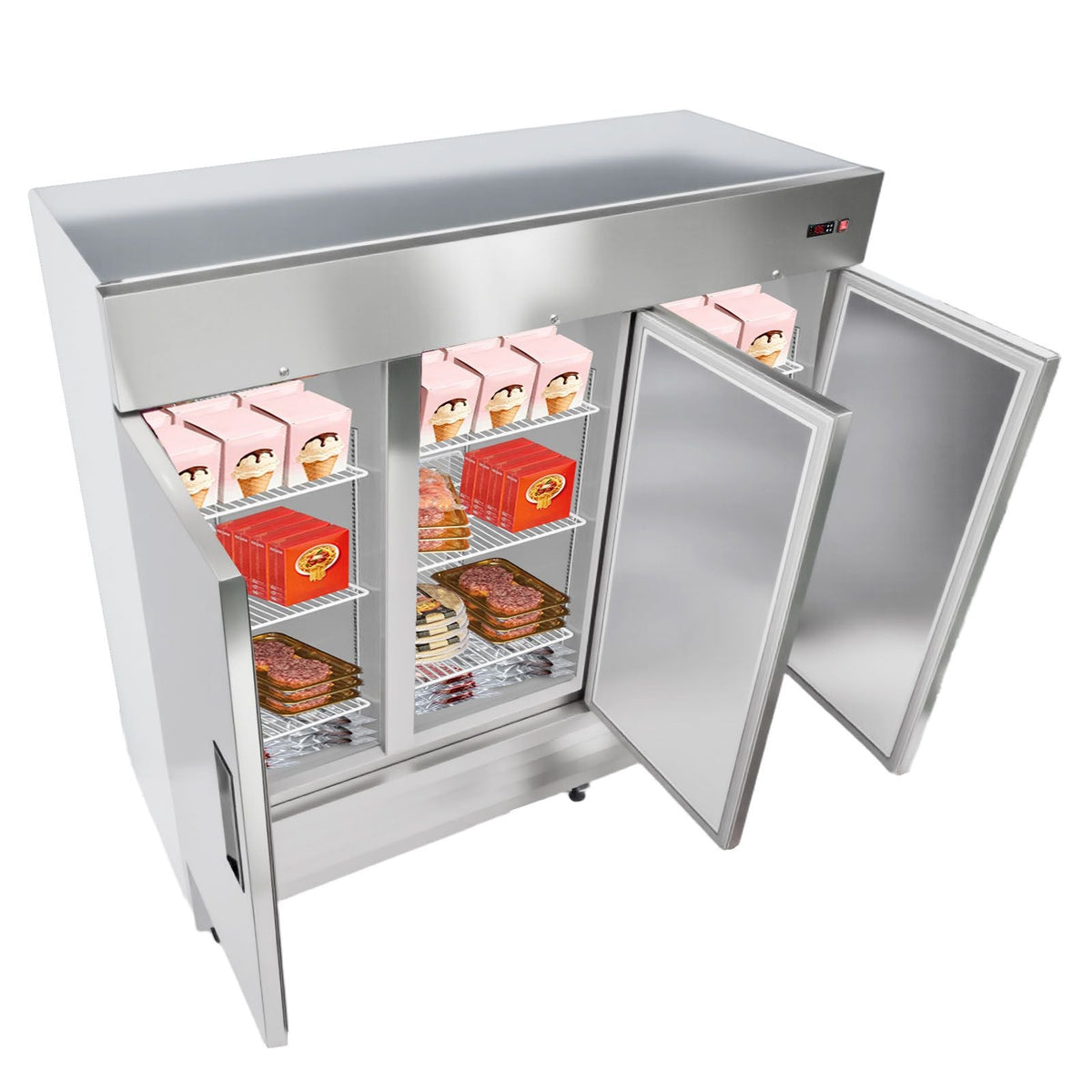 Commercial Freezer, 32.2 in Width Reach In Upright-Freezer Three Door, 66.9 Cu.ft Auto-Defrost Freezer with 12 Adjustable Shelves, -11 to 14 Fahrenheit Temp Control, LED Light, 4 Wheels