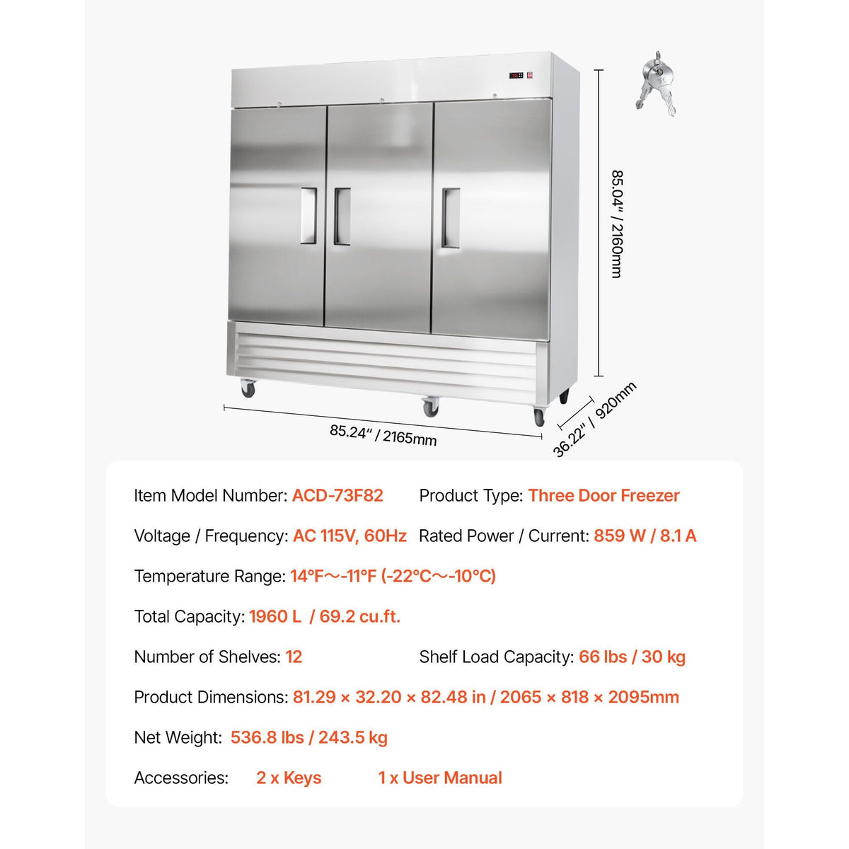 Commercial Freezer, 32.2 in Width Reach In Upright-Freezer Three Door, 66.9 Cu.ft Auto-Defrost Freezer with 12 Adjustable Shelves, -11 to 14 Fahrenheit Temp Control, LED Light, 4 Wheels