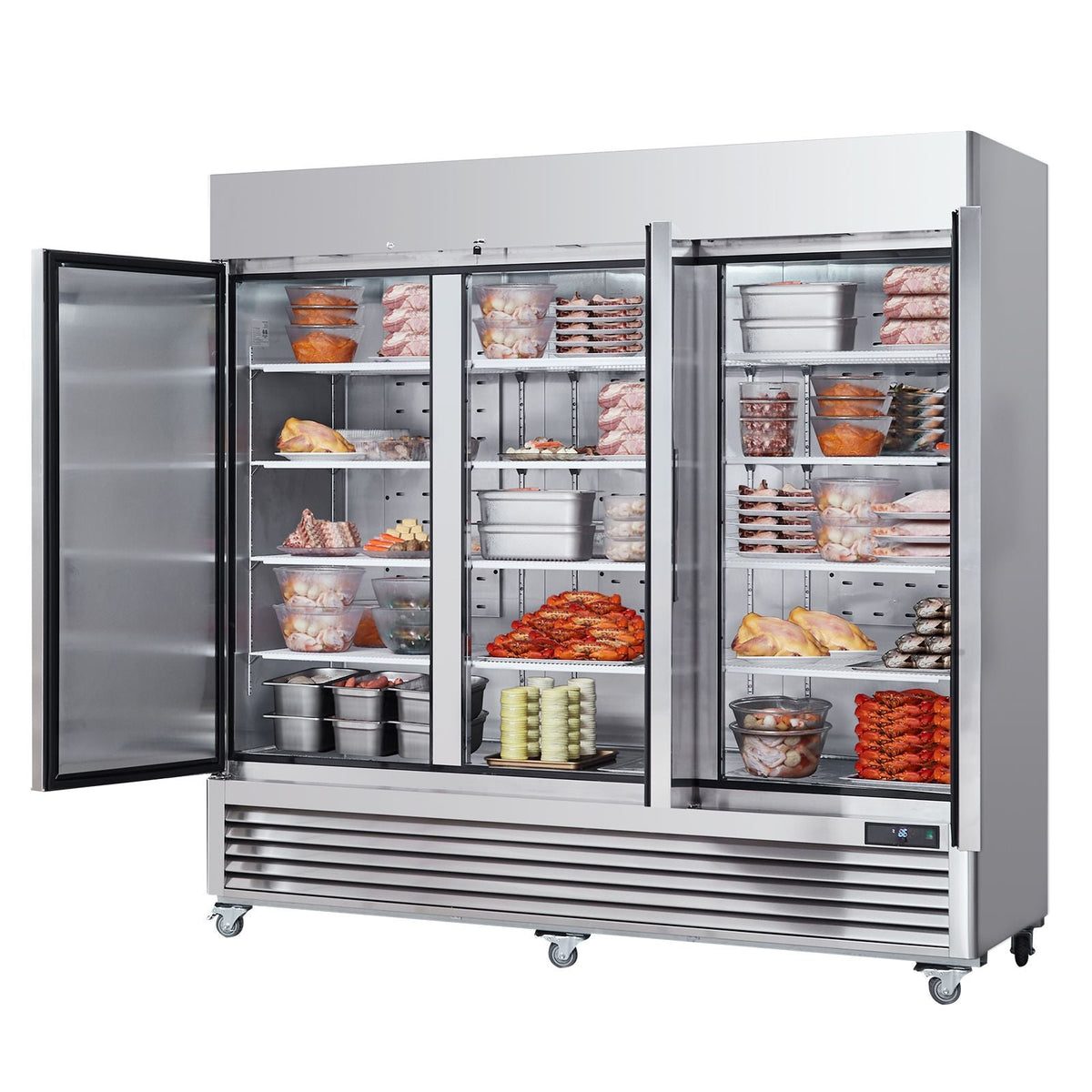 Commercial Freezer 60.42 Cu.ft, Reach In 82.5" W Upright Freezer 3 Doors, Auto-Defrost Stainless Steel Reach-in Freezer with 12 Adjustable Shelves, -13 to 5 F Temp Range, LED Lighting, 4 Wheels