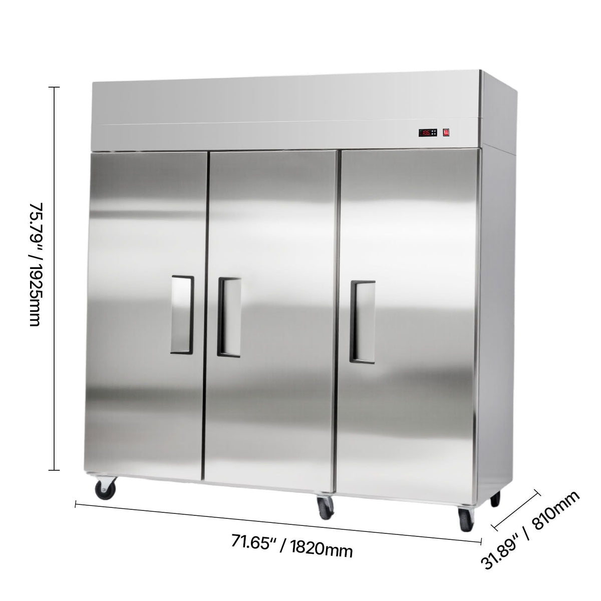 Commercial Freezer, 71.65 in Width Reach In Upright-Freezer Three Door, 50.2 Cu.ft Auto-Defrost Freezer with 12 Adjustable Shelves, -11 to 14 Fahrenheit Temp Control, LED Light, 4 Wheels