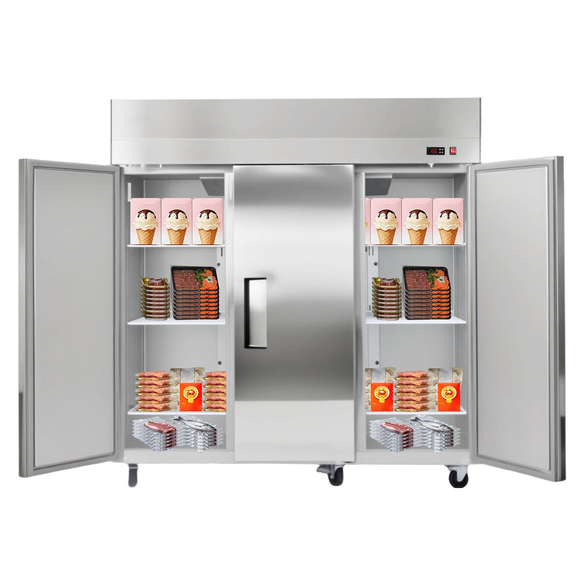 Commercial Freezer, 71.65 in Width Reach In Upright-Freezer Three Door, 50.2 Cu.ft Auto-Defrost Freezer with 12 Adjustable Shelves, -11 to 14 Fahrenheit Temp Control, LED Light, 4 Wheels