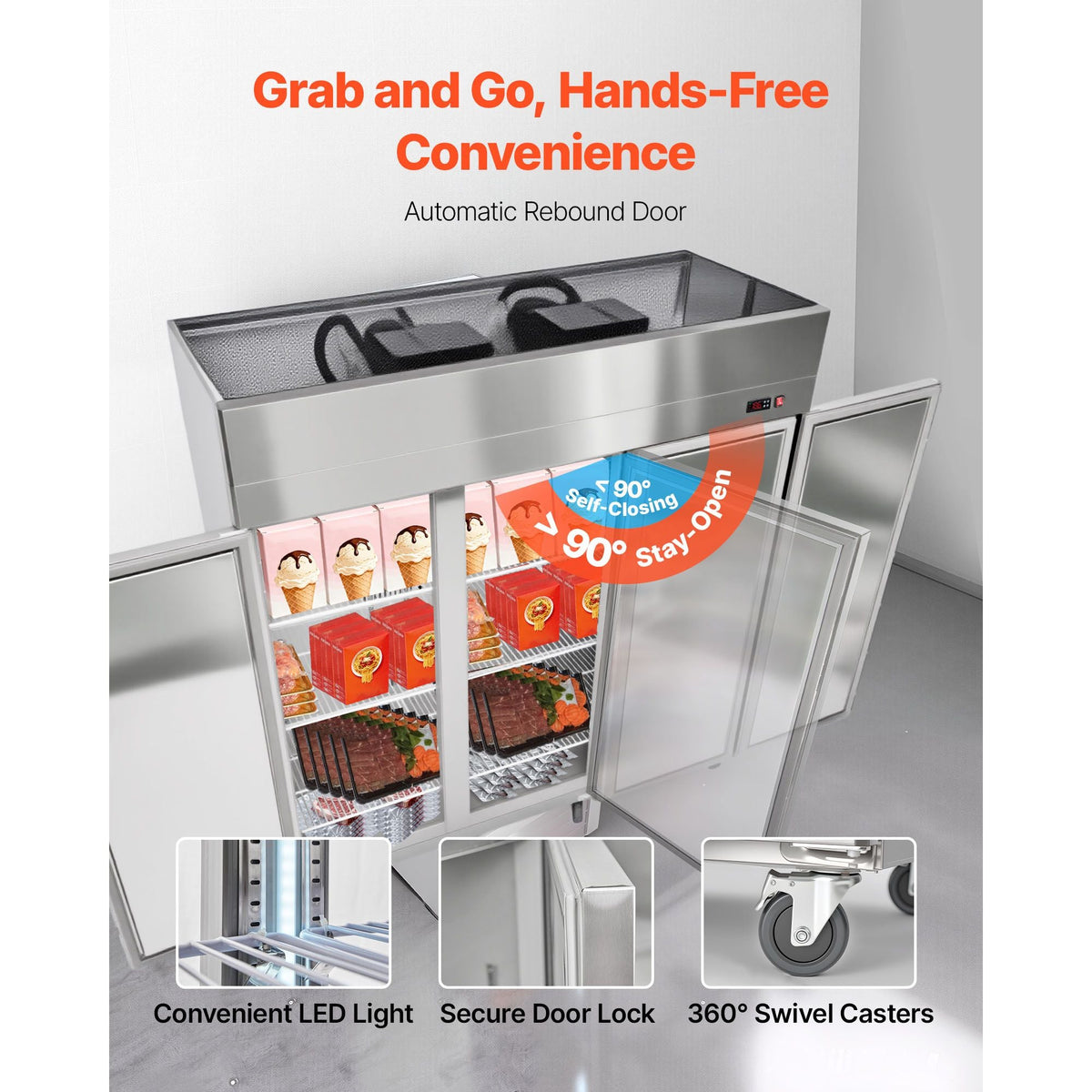 Commercial Freezer, 71.65 in Width Reach In Upright-Freezer Three Door, 50.2 Cu.ft Auto-Defrost Freezer with 12 Adjustable Shelves, -11 to 14 Fahrenheit Temp Control, LED Light, 4 Wheels