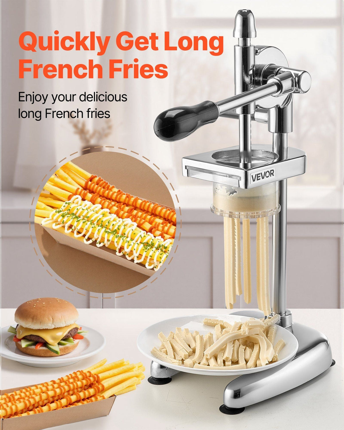 Commercial French Fry Cutter, Stainless Steel Fried Potato Strips Squeezer, Long French Fries Maker with Pull-out Extruder, Manual Mashed Potato Squeezer Machine for Restaurants & Home Kitchen