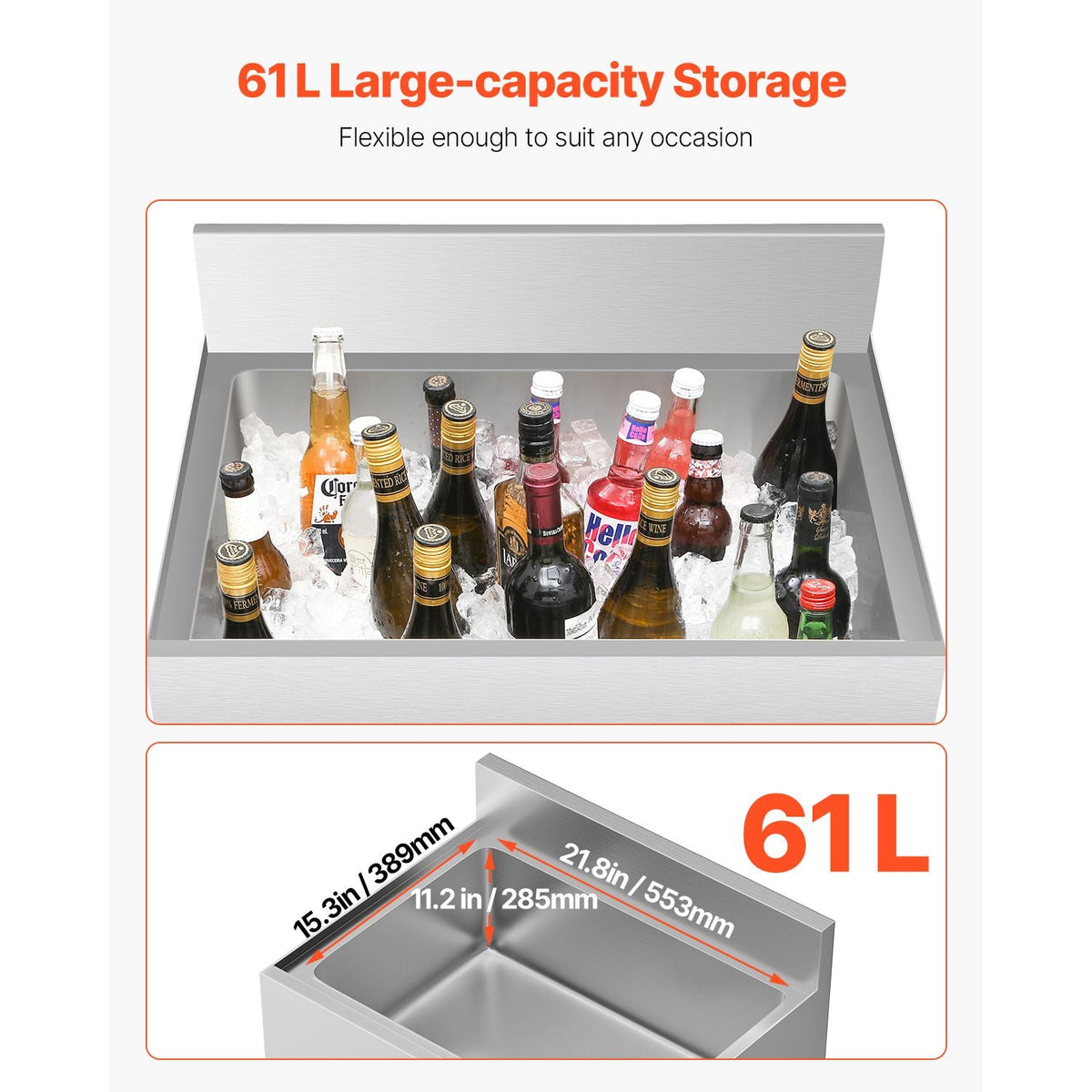 Commercial Ice Bin, 61 L Underbar Ice Bin, 24 x 19 x 37 in Stainless Steel Ice Chest with Sliding Lid, Bottle Holders, Adjustable Bullet Feet, Cooler Cart Cocktail Unit for Bar Restaurant Pub