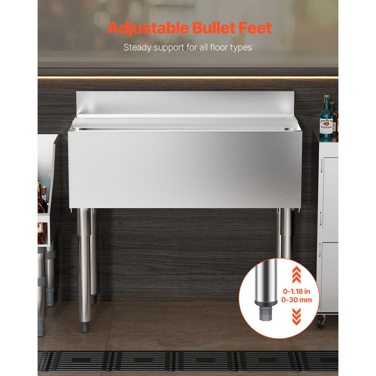 Commercial Ice Bin, 95.3 L Underbar Ice Bin, 35.9 x 19 x 37 in Stainless Steel Ice Chest with Sliding Lid, Bottle Holders, and Adjustable Bullet Feet, Cocktail Unit for Bars, Restaurants, Pubs