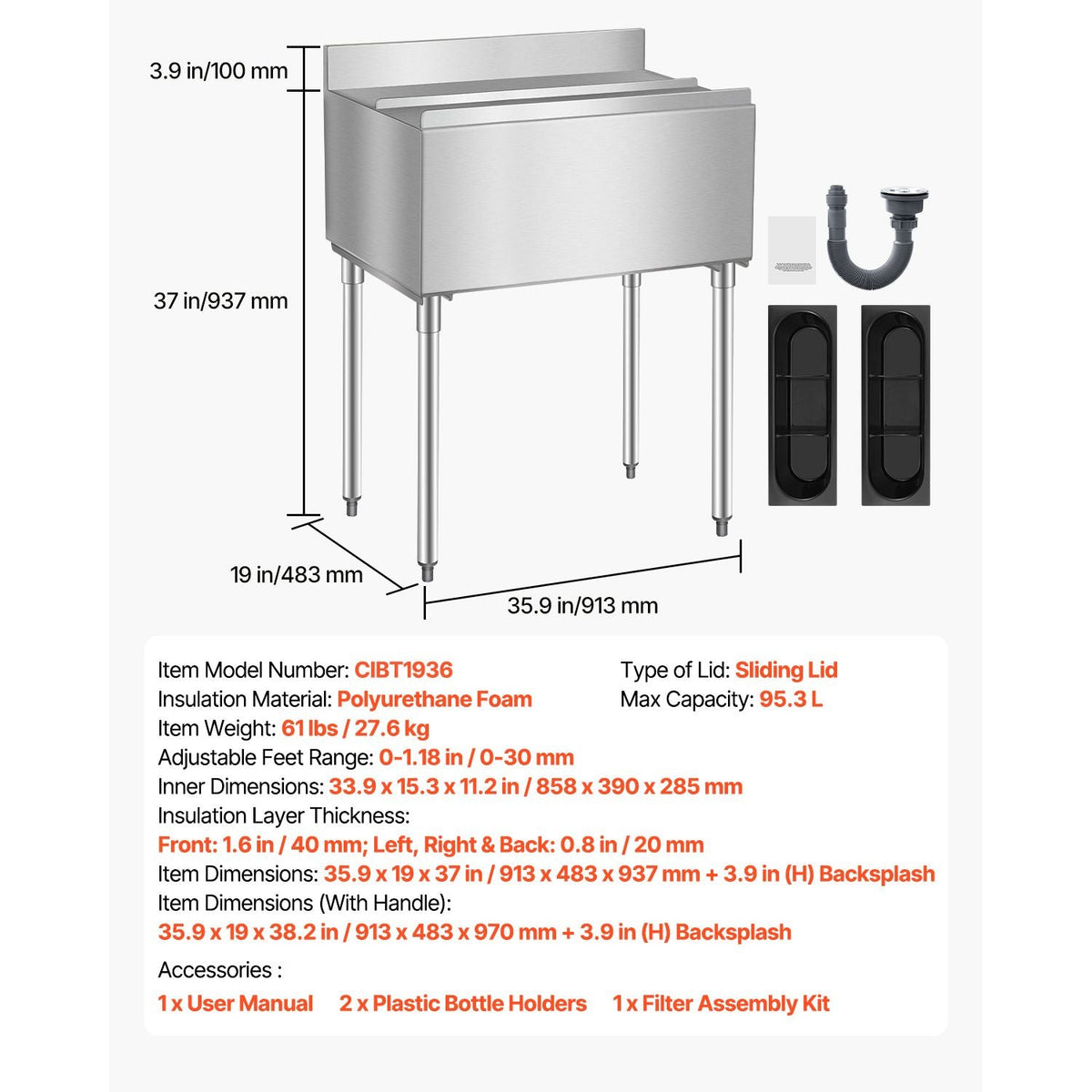 Commercial Ice Bin, 95.3 L Underbar Ice Bin, 35.9 x 19 x 37 in Stainless Steel Ice Chest with Sliding Lid, Bottle Holders, and Adjustable Bullet Feet, Cocktail Unit for Bars, Restaurants, Pubs