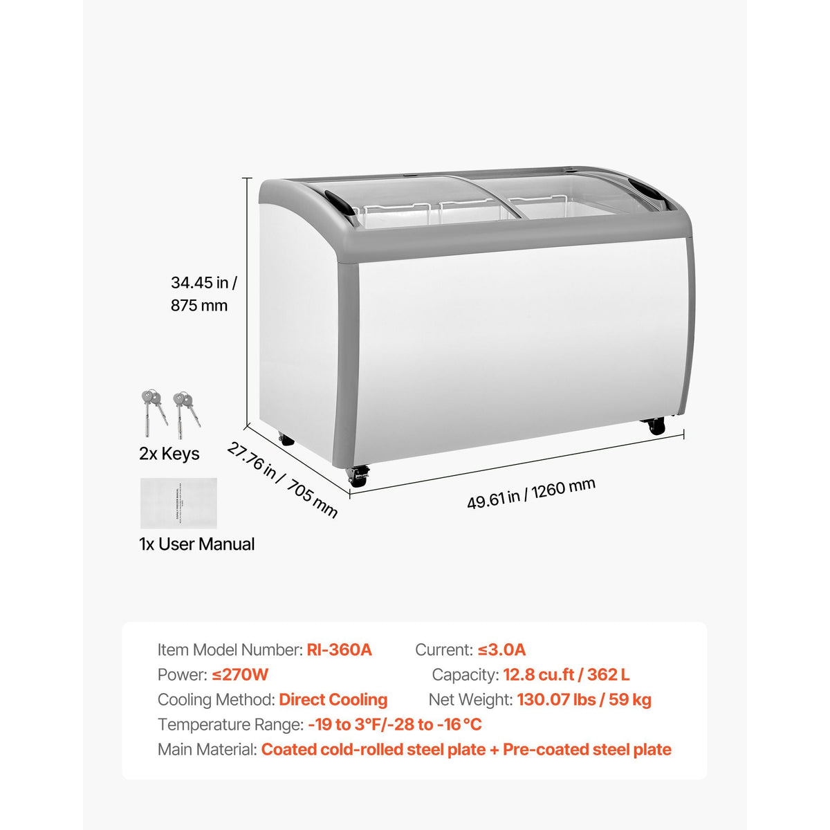 Commercial Ice Cream Display Case, 12.8 Cu.ft Chest Freezer, -19 to 3 F Temp Adjustable Mobile Top Deep Freezer with 4 Wire Baskets, 2 Sliding Glass Doors, Locking Casters & LED Strip Lighting