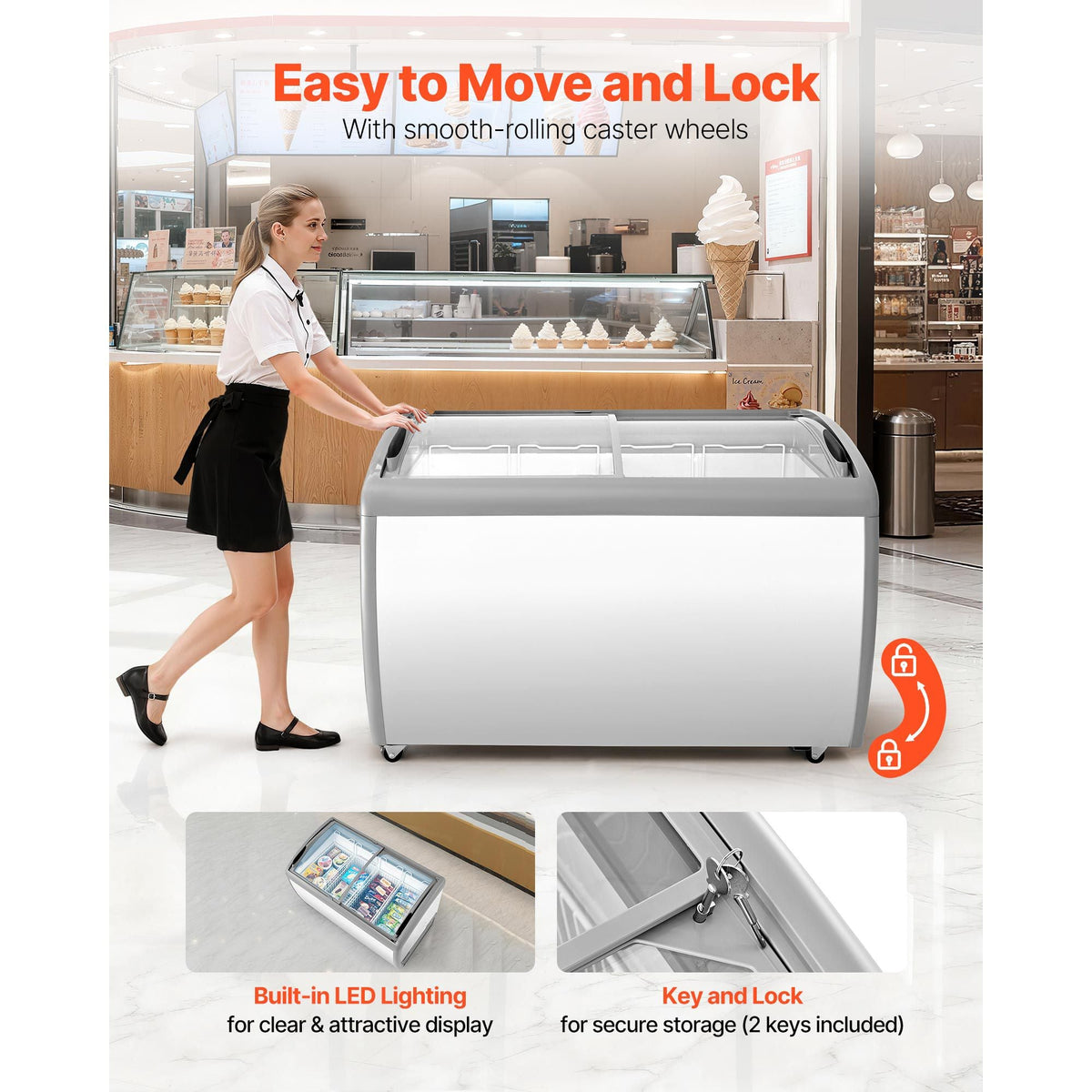 Commercial Ice Cream Display Case, 12.8 Cu.ft Chest Freezer, -19 to 3 F Temp Adjustable Mobile Top Deep Freezer with 4 Wire Baskets, 2 Sliding Glass Doors, Locking Casters & LED Strip Lighting