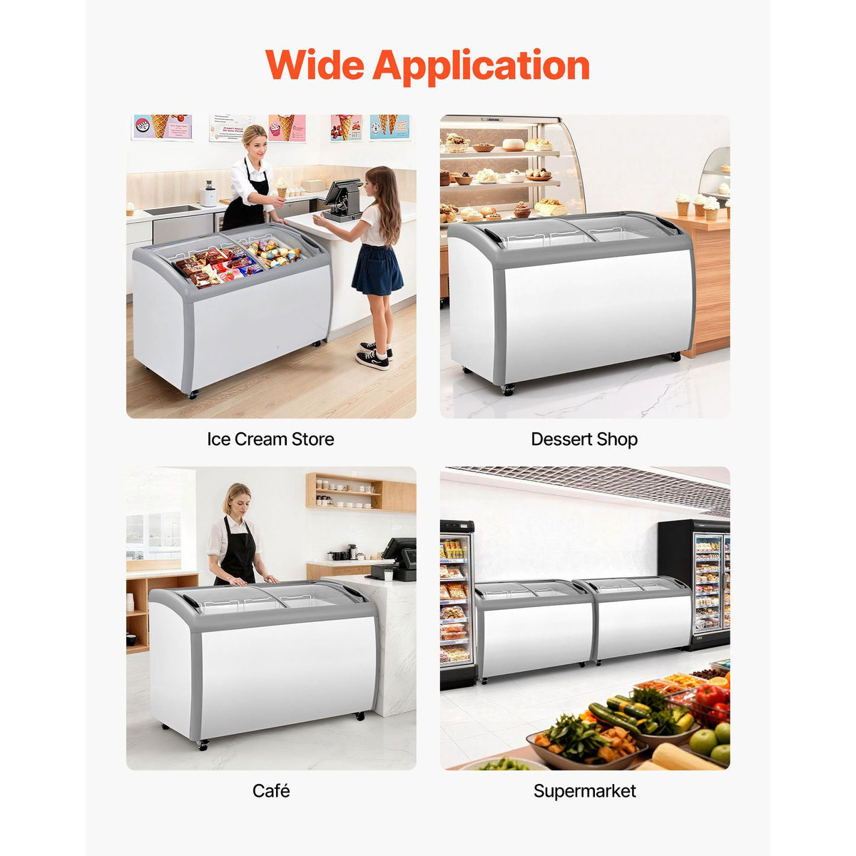 Commercial Ice Cream Display Case, 12.8 Cu.ft Chest Freezer, -19 to 3 F Temp Adjustable Mobile Top Deep Freezer with 4 Wire Baskets, 2 Sliding Glass Doors, Locking Casters & LED Strip Lighting