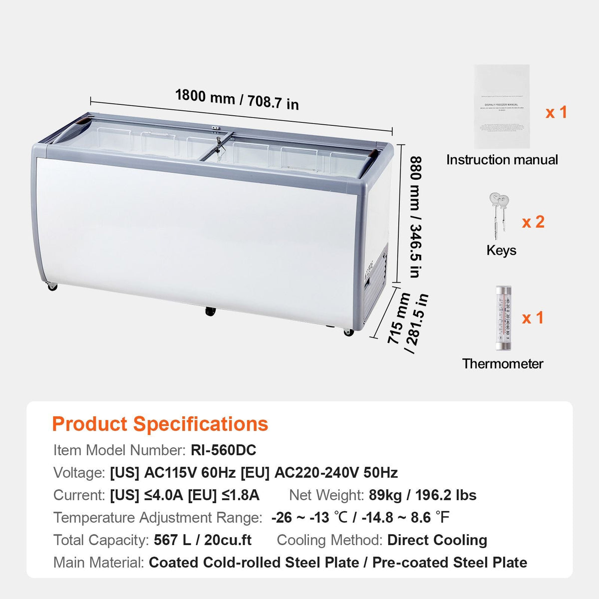 Commercial Ice Cream Display Case, 13.1 Cu.ft Chest Freezer, Mobile Glass Top Deep Freezer, Restaurant Gelato Dipping Cabinet with 8 Large Tubs, 2 Sliding Glass Doors, Locking Casters, White