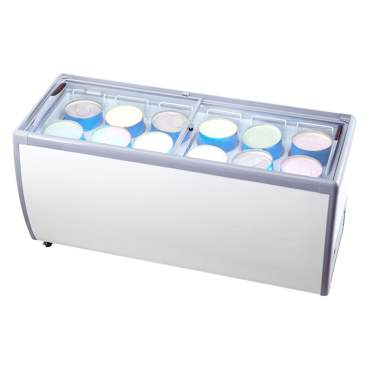 Commercial Ice Cream Display Case, 20 Cu.ft Chest Freezer, Mobile Glass Top Deep Freezer, Restaurant Gelato Dipping Cabinet with 12 Large Tubs, 2 Sliding Glass Doors, Locking Casters, White