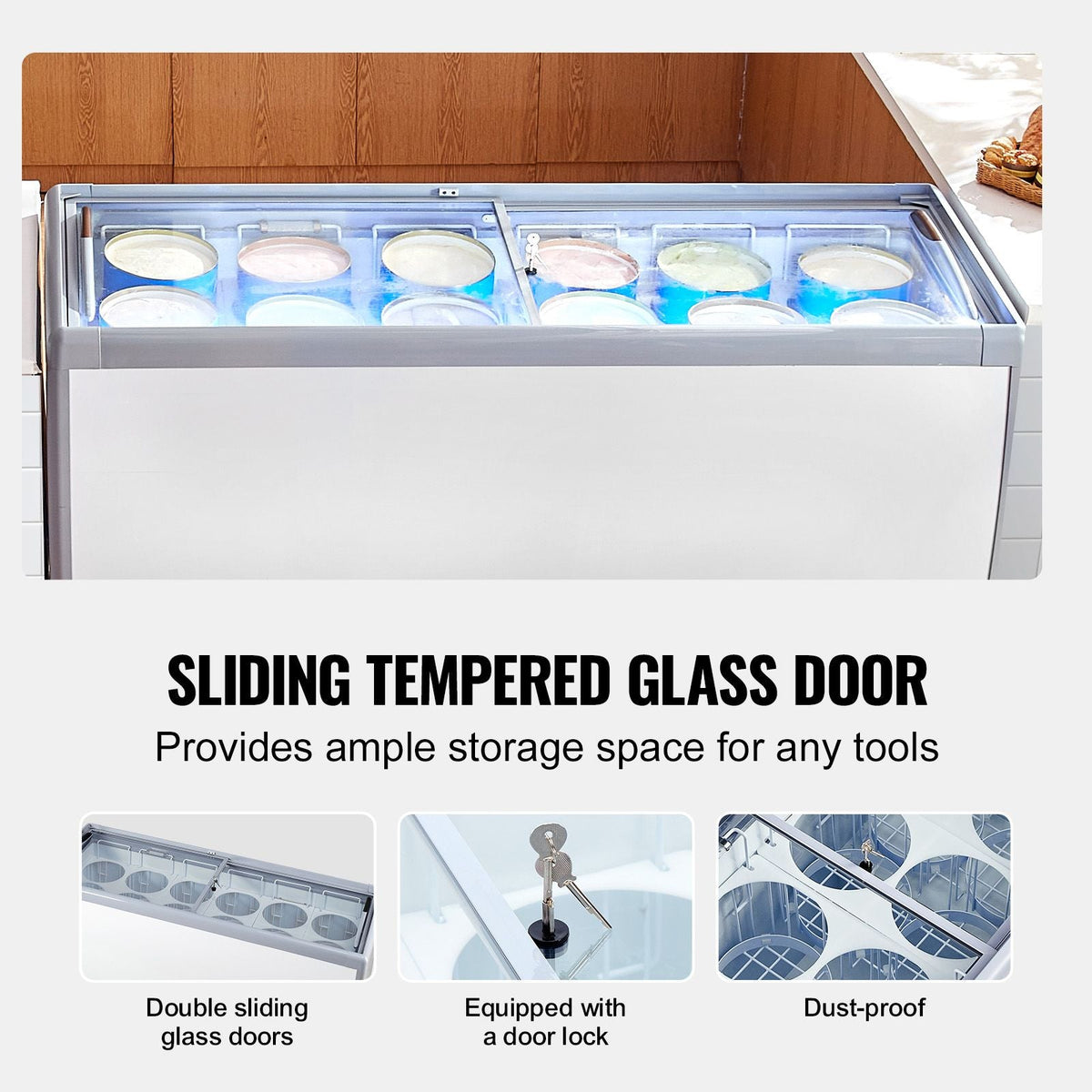 Commercial Ice Cream Display Case, 20 Cu.ft Chest Freezer, Mobile Glass Top Deep Freezer, Restaurant Gelato Dipping Cabinet with 12 Large Tubs, 2 Sliding Glass Doors, Locking Casters, White