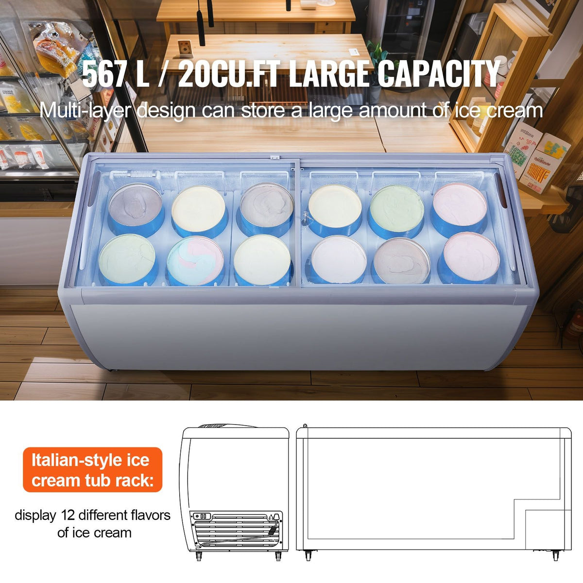 Commercial Ice Cream Display Case, 20 Cu.ft Chest Freezer, Mobile Glass Top Deep Freezer, Restaurant Gelato Dipping Cabinet with 12 Large Tubs, 2 Sliding Glass Doors, Locking Casters, White