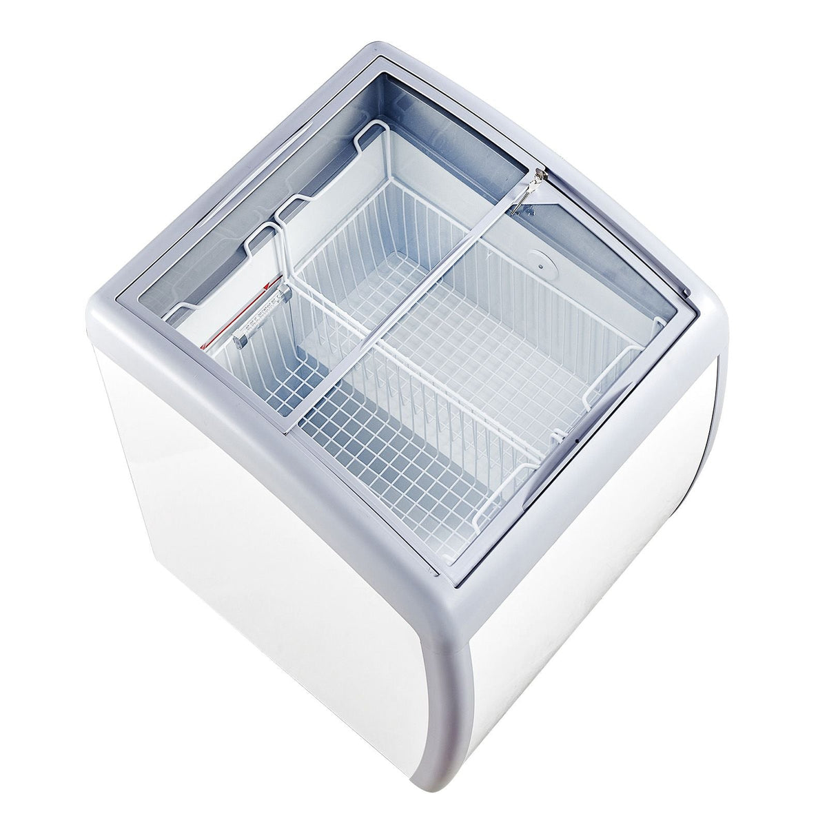 Commercial Ice Cream Display Case, 5.4 Cu.ft Chest Freezer, Mobile Glass Top Deep Freezer, Restaurant Gelato Dipping Cabinet with 2 Wire Baskets, 2 Sliding Glass Doors, Locking Casters, White