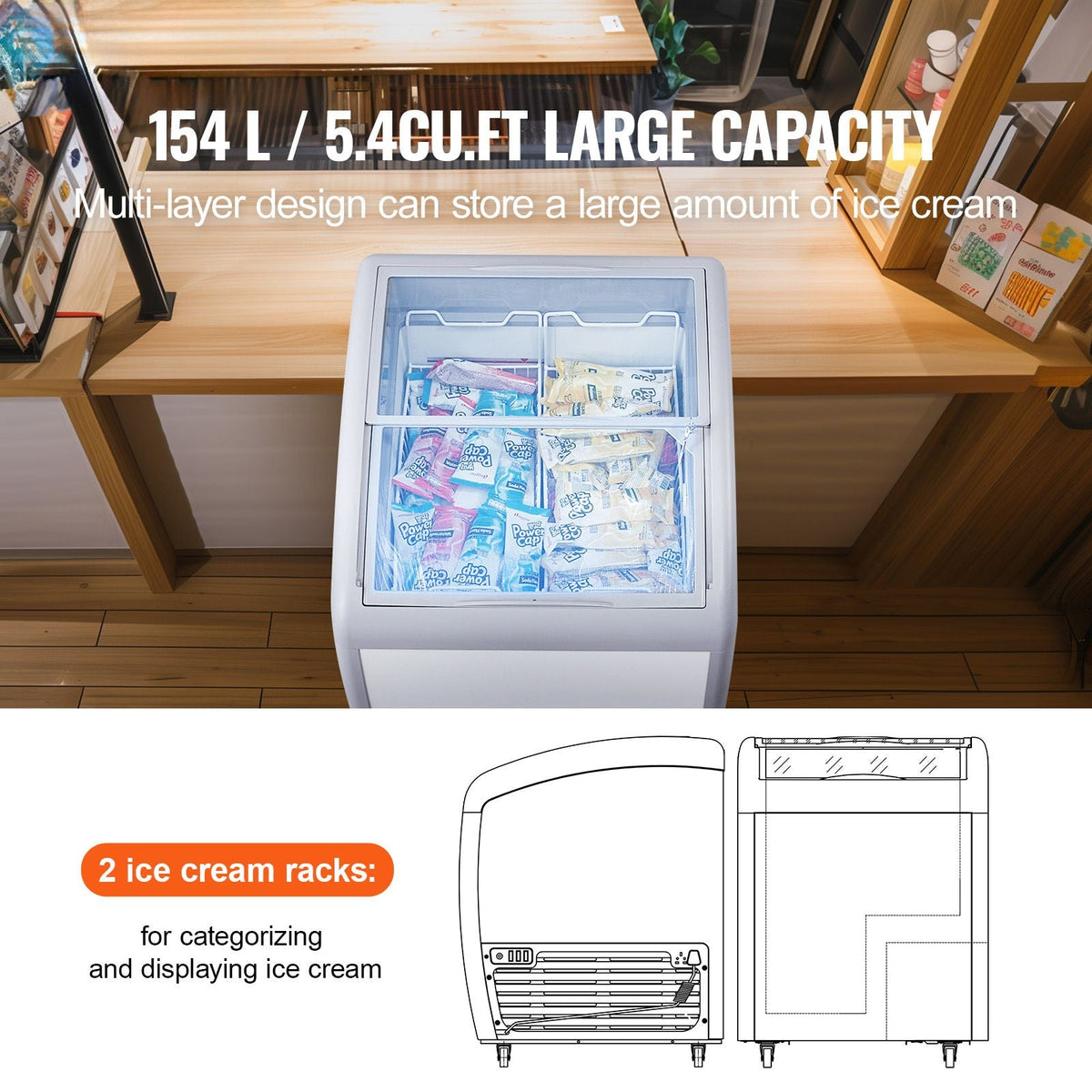 Commercial Ice Cream Display Case, 5.4 Cu.ft Chest Freezer, Mobile Glass Top Deep Freezer, Restaurant Gelato Dipping Cabinet with 2 Wire Baskets, 2 Sliding Glass Doors, Locking Casters, White
