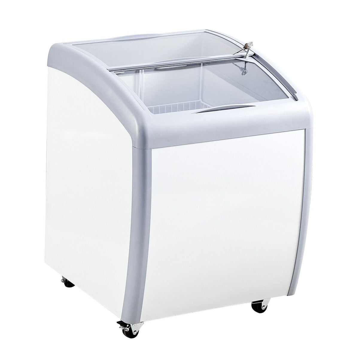 Commercial Ice Cream Display Case, 5.4 Cu.ft Chest Freezer, Mobile Glass Top Deep Freezer, Restaurant Gelato Dipping Cabinet with 2 Wire Baskets, 2 Sliding Glass Doors, Locking Casters, White