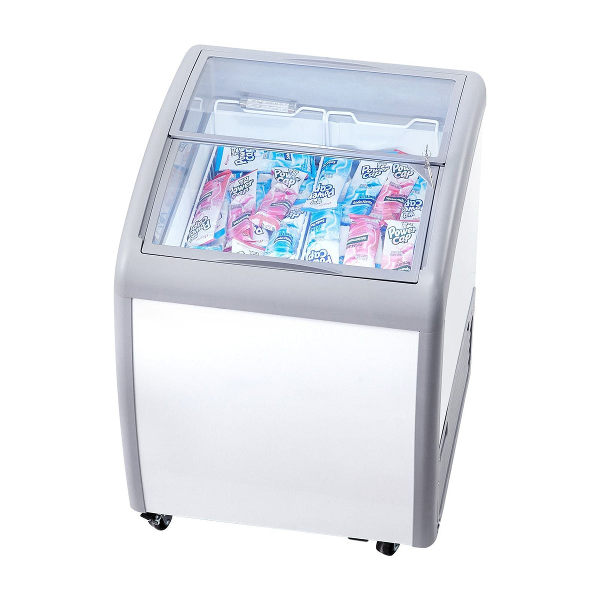 Commercial Ice Cream Display Case, 5.4 Cu.ft Chest Freezer, Mobile Glass Top Deep Freezer, Restaurant Gelato Dipping Cabinet with 2 Wire Baskets, 2 Sliding Glass Doors, Locking Casters, White