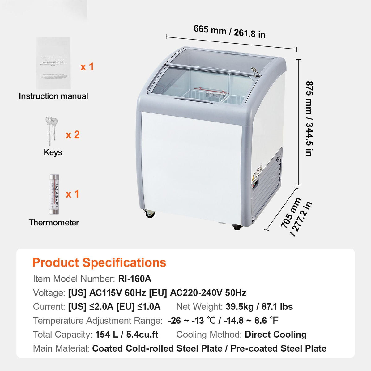 Commercial Ice Cream Display Case, 5.4 Cu.ft Chest Freezer, Mobile Glass Top Deep Freezer, Restaurant Gelato Dipping Cabinet with 2 Wire Baskets, 2 Sliding Glass Doors, Locking Casters, White