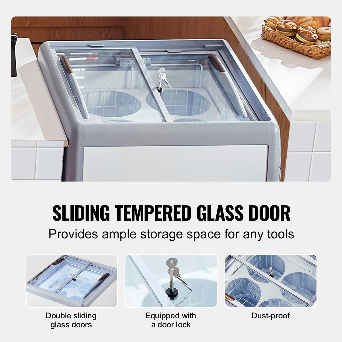 Commercial Ice Cream Display Case, 5.6 Cu.ft Chest Freezer, Mobile Glass Top Deep Freezer, Restaurant Gelato Dipping Cabinet, 2 Sliding Glass Doors, Locking Casters, White