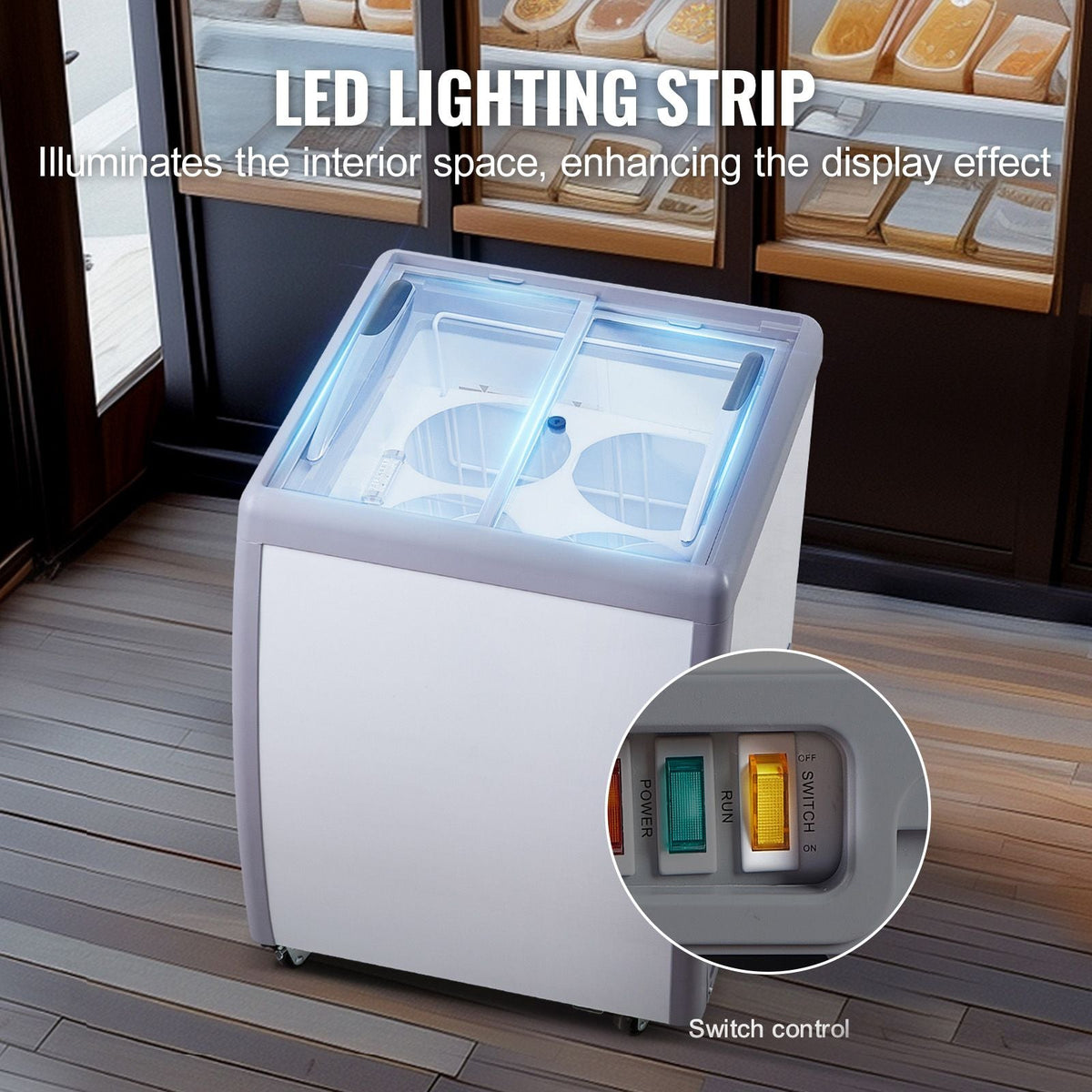 Commercial Ice Cream Display Case, 5.6 Cu.ft Chest Freezer, Mobile Glass Top Deep Freezer, Restaurant Gelato Dipping Cabinet, 2 Sliding Glass Doors, Locking Casters, White