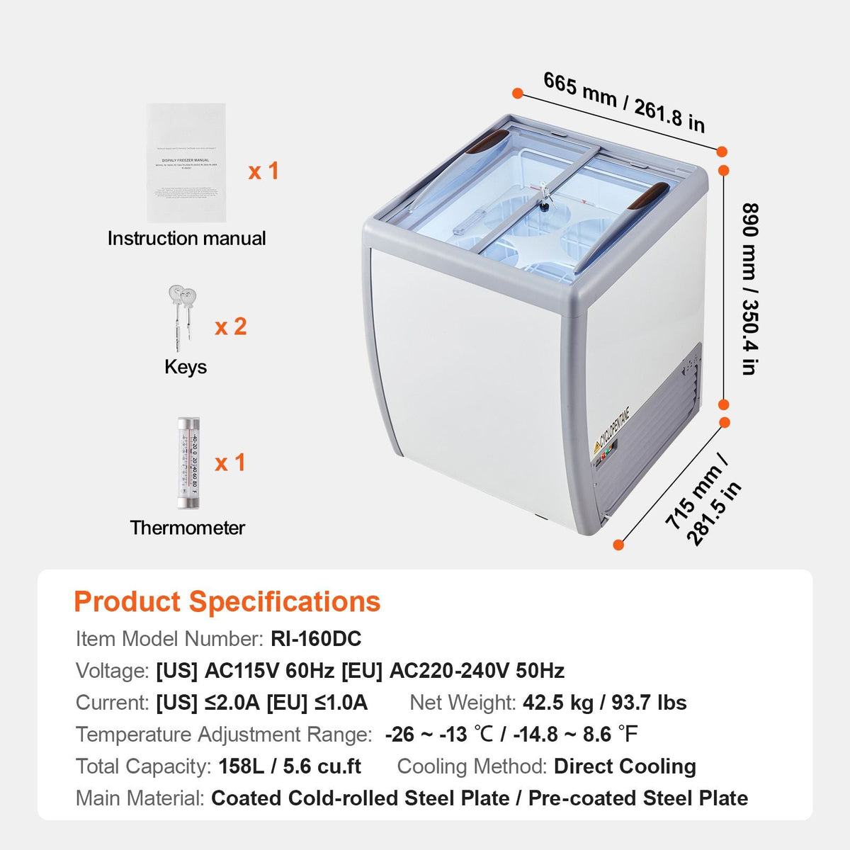 Commercial Ice Cream Display Case, 5.6 Cu.ft Chest Freezer, Mobile Glass Top Deep Freezer, Restaurant Gelato Dipping Cabinet, 2 Sliding Glass Doors, Locking Casters, White
