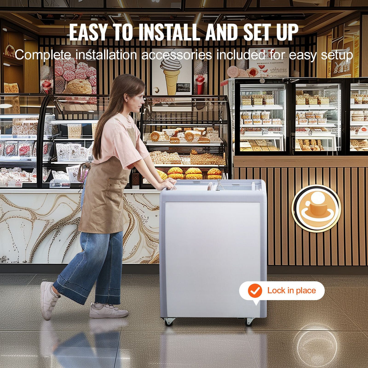Commercial Ice Cream Display Case, 5.6 Cu.ft Chest Freezer, Mobile Glass Top Deep Freezer, Restaurant Gelato Dipping Cabinet, 2 Sliding Glass Doors, Locking Casters, White