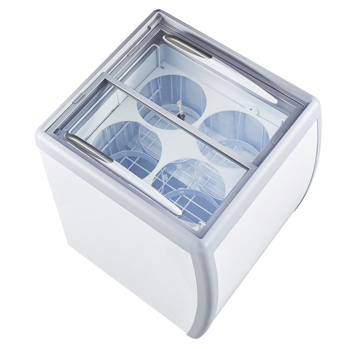Commercial Ice Cream Display Case, 5.6 Cu.ft Chest Freezer, Mobile Glass Top Deep Freezer, Restaurant Gelato Dipping Cabinet, 2 Sliding Glass Doors, Locking Casters, White