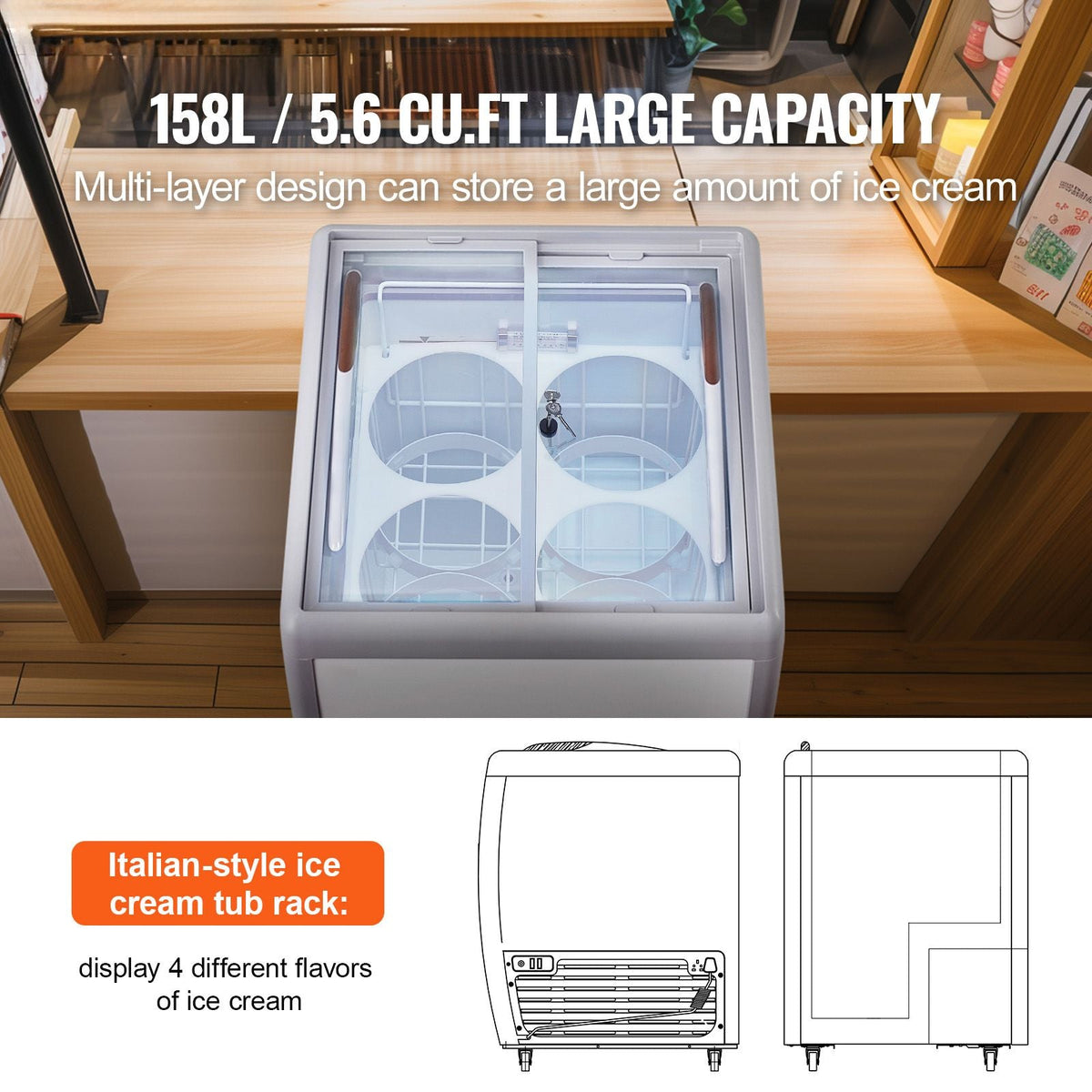 Commercial Ice Cream Display Case, 5.6 Cu.ft Chest Freezer, Mobile Glass Top Deep Freezer, Restaurant Gelato Dipping Cabinet, 2 Sliding Glass Doors, Locking Casters, White