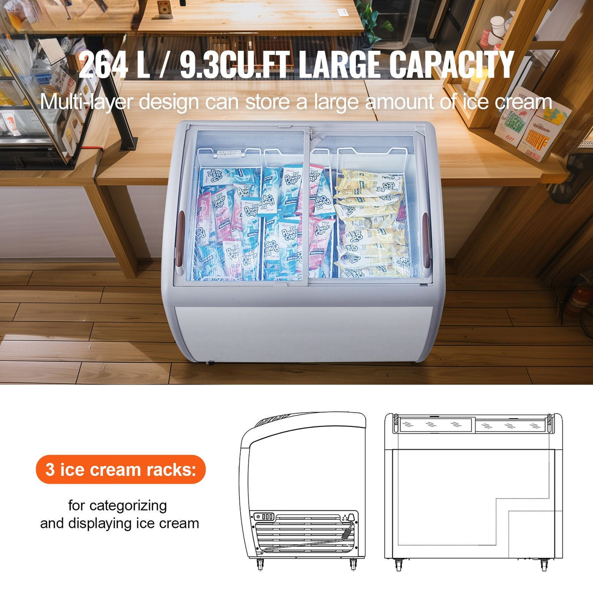 Commercial Ice Cream Display Case, 9.3 Cu.ft Chest Freezer, Mobile Glass Top Deep Freezer, Restaurant Gelato Dipping Cabinet with 3 Wire Baskets, 2 Sliding Glass Doors, Locking Casters, White