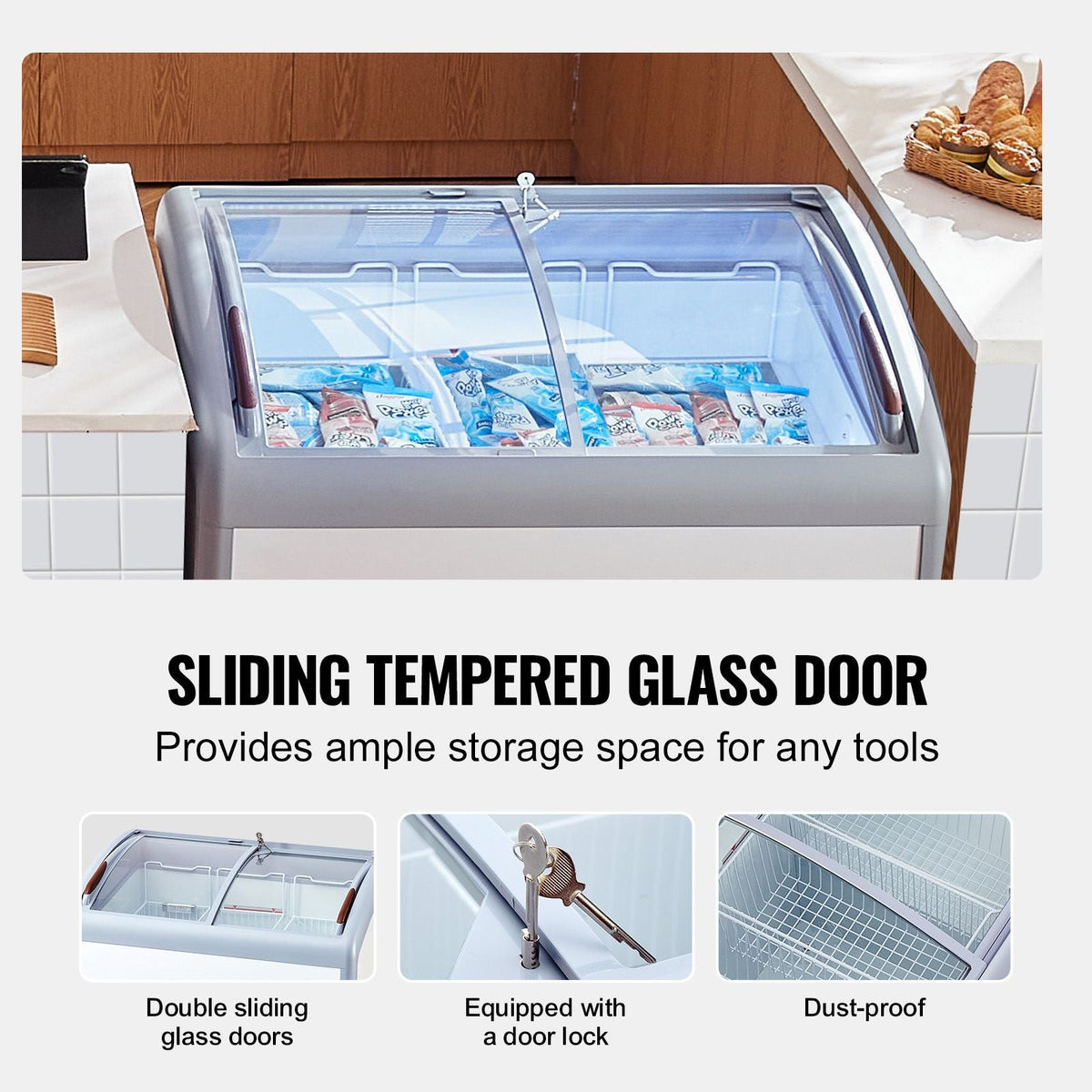 Commercial Ice Cream Display Case, 9.3 Cu.ft Chest Freezer, Mobile Glass Top Deep Freezer, Restaurant Gelato Dipping Cabinet with 3 Wire Baskets, 2 Sliding Glass Doors, Locking Casters, White