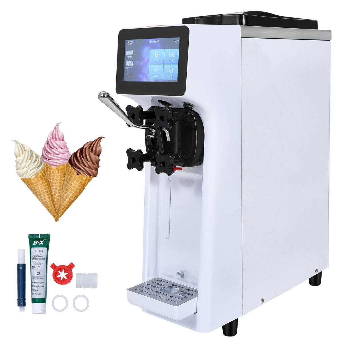 Commercial Ice Cream Machine, 10.6 QT/H Yield, 1000W Single Flavor Countertop Soft Serve Ice Cream Maker, 4L Hopper 1.6L Cylinder, Touch Screen Auto Clean Pre-cooling, for Restaurant Snack Bar
