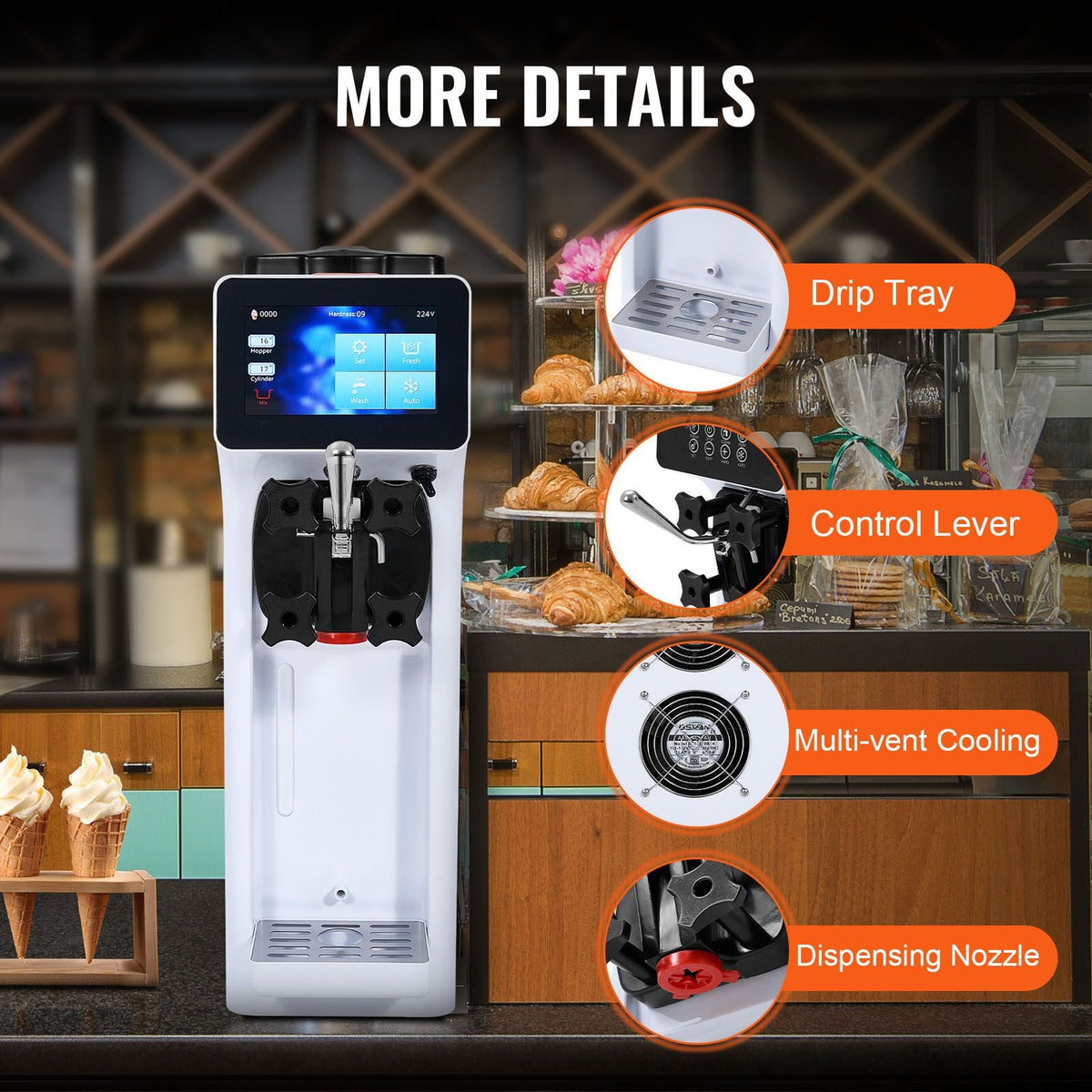 Commercial Ice Cream Machine, 10.6 QT/H Yield, 1000W Single Flavor Countertop Soft Serve Ice Cream Maker, 4L Hopper 1.6L Cylinder, Touch Screen Auto Clean Pre-cooling, for Restaurant Snack Bar