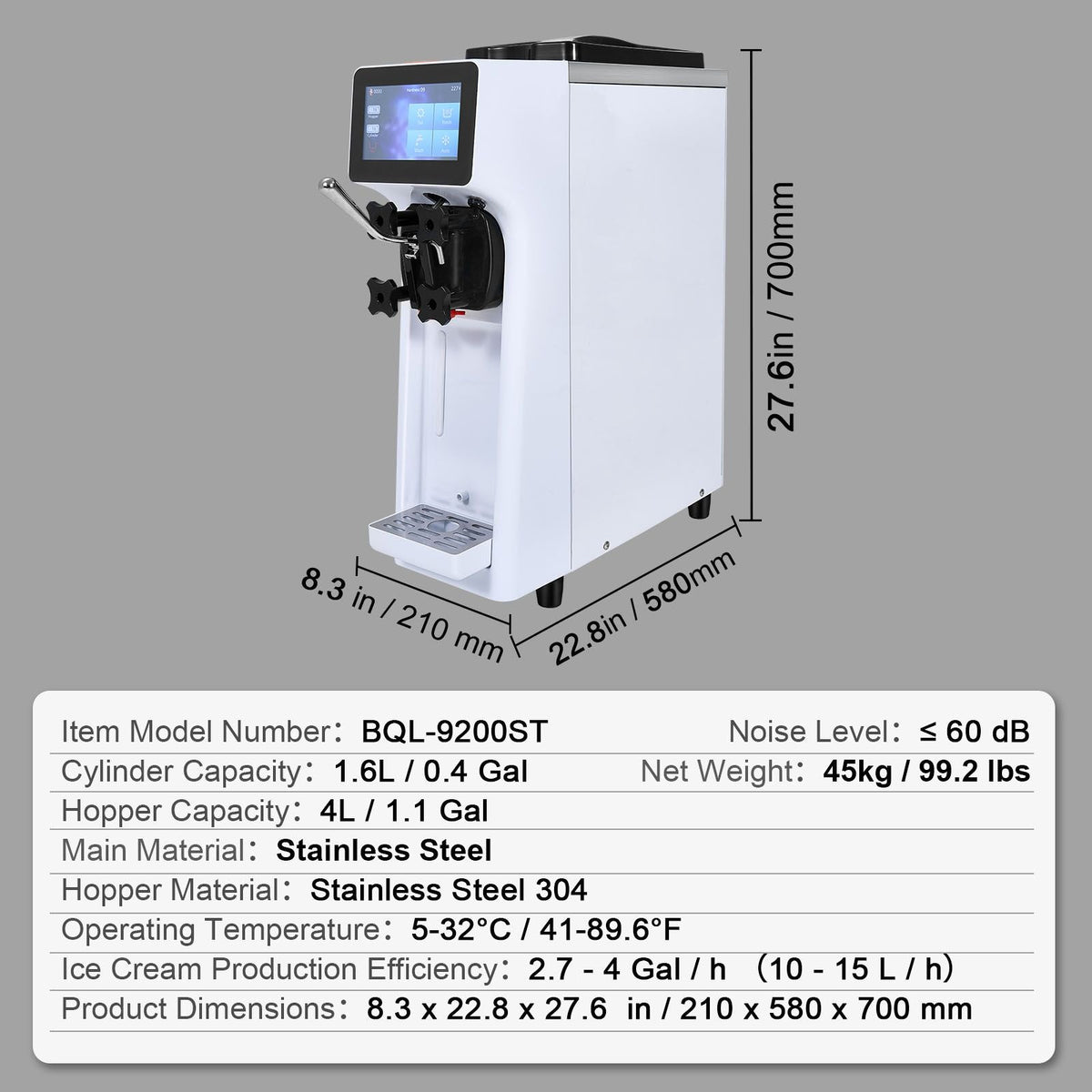 Commercial Ice Cream Machine, 10.6 QT/H Yield, 1000W Single Flavor Countertop Soft Serve Ice Cream Maker, 4L Hopper 1.6L Cylinder, Touch Screen Auto Clean Pre-cooling, for Restaurant Snack Bar